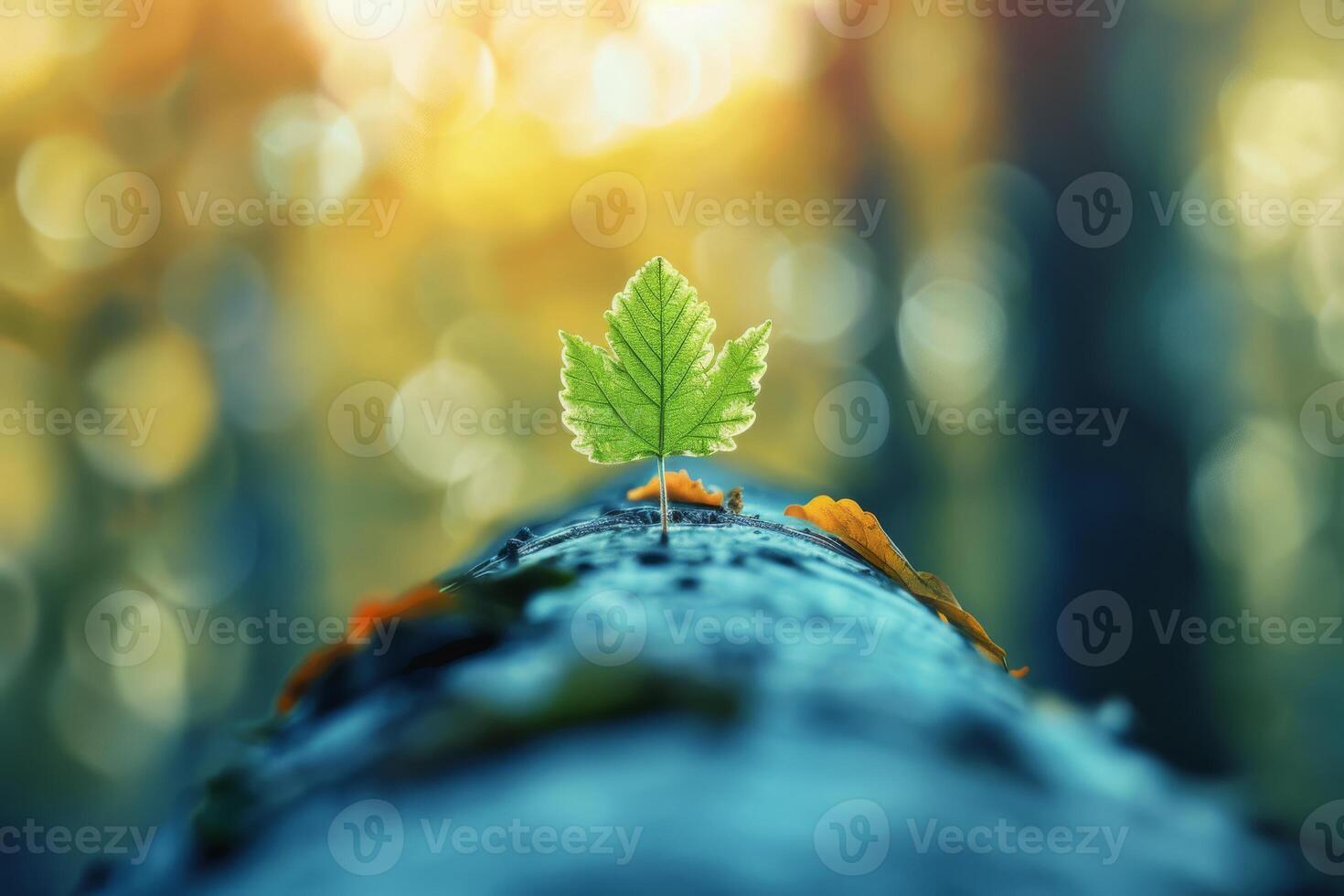 In the forest during autumn, a single green leaf springs from a log, set against a beautiful bokeh background photo