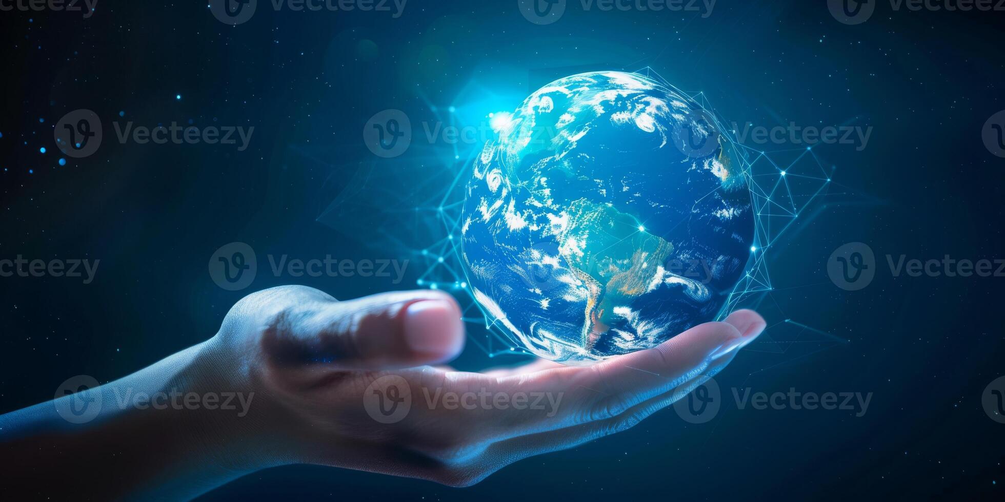 An illustration of a hand holding a digital Earth, symbolizing global connectivity and tech advancement photo