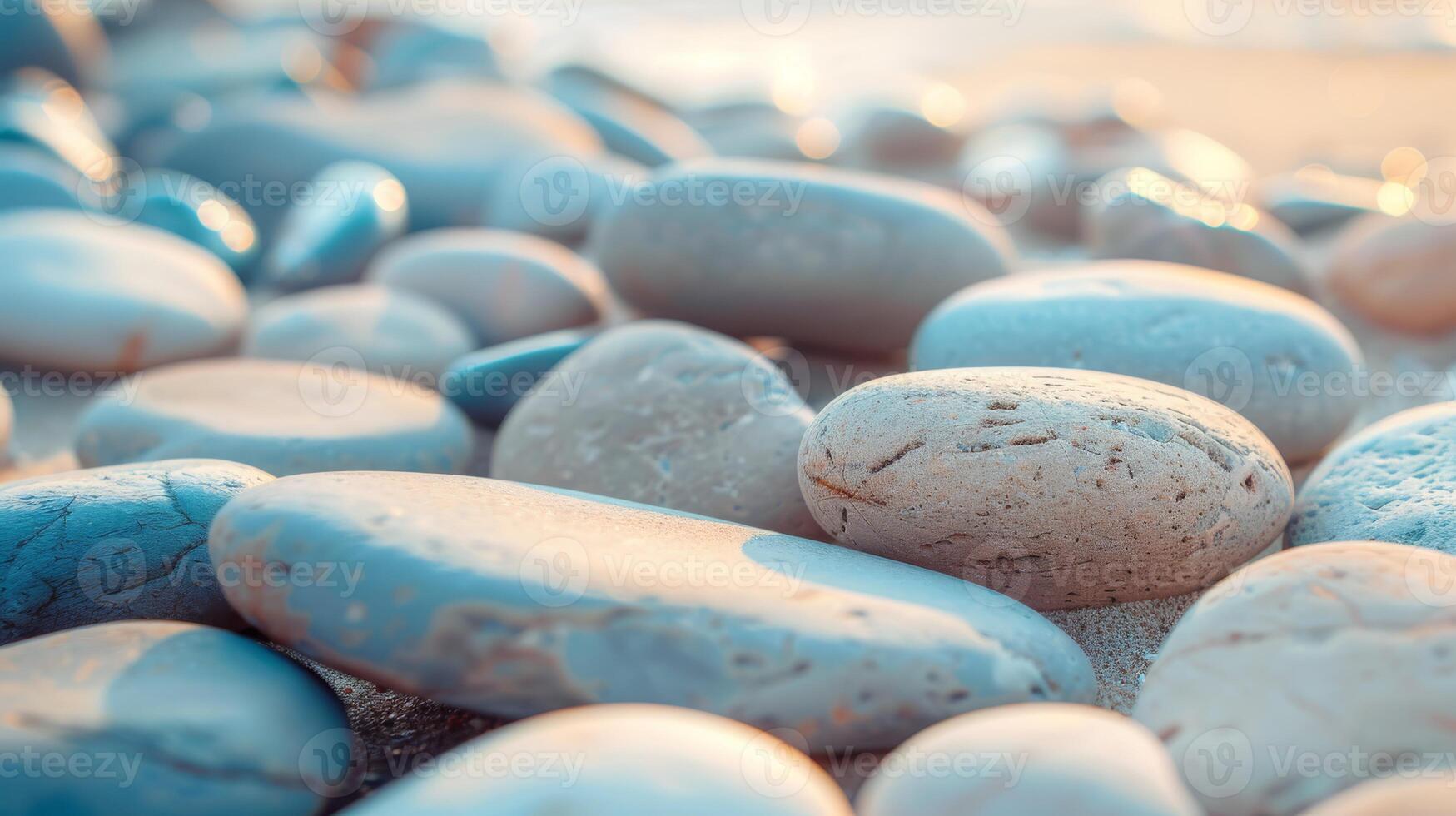 The tranquil beach at sunset with colorful pebbles creates a peaceful atmosphere, ideal for relaxation and meditation photo