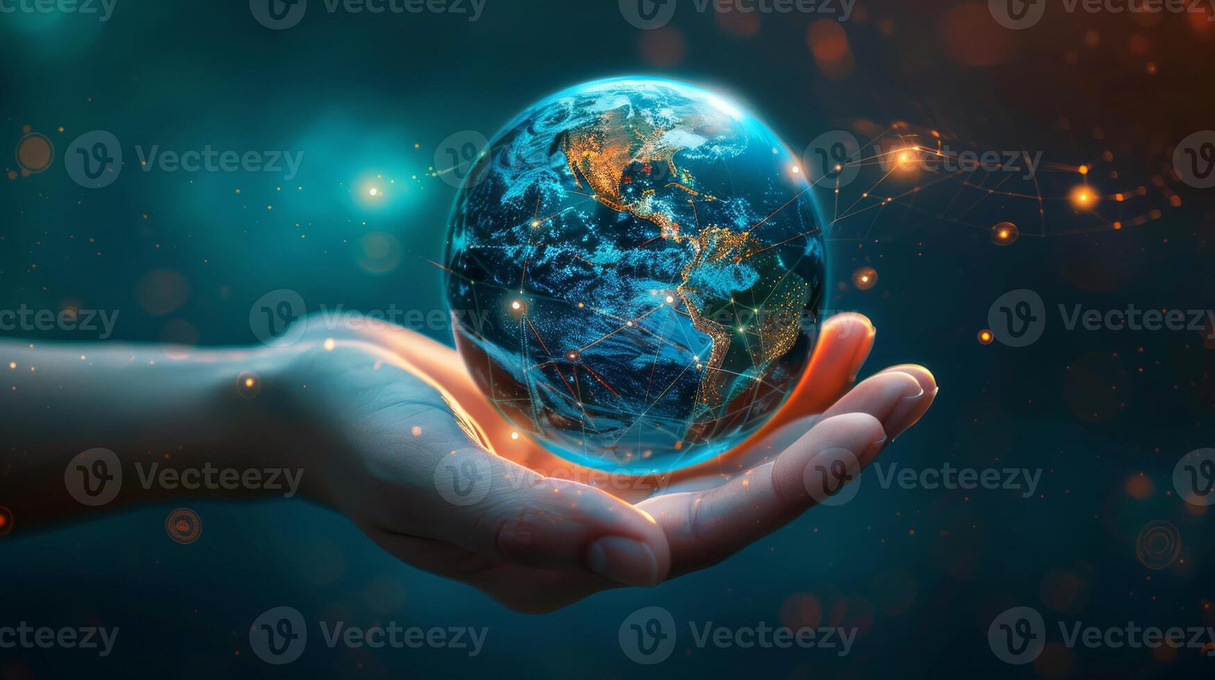 A hand holding a glowing Earth with futuristic light effects, symbolizing care and technological advancements. photo