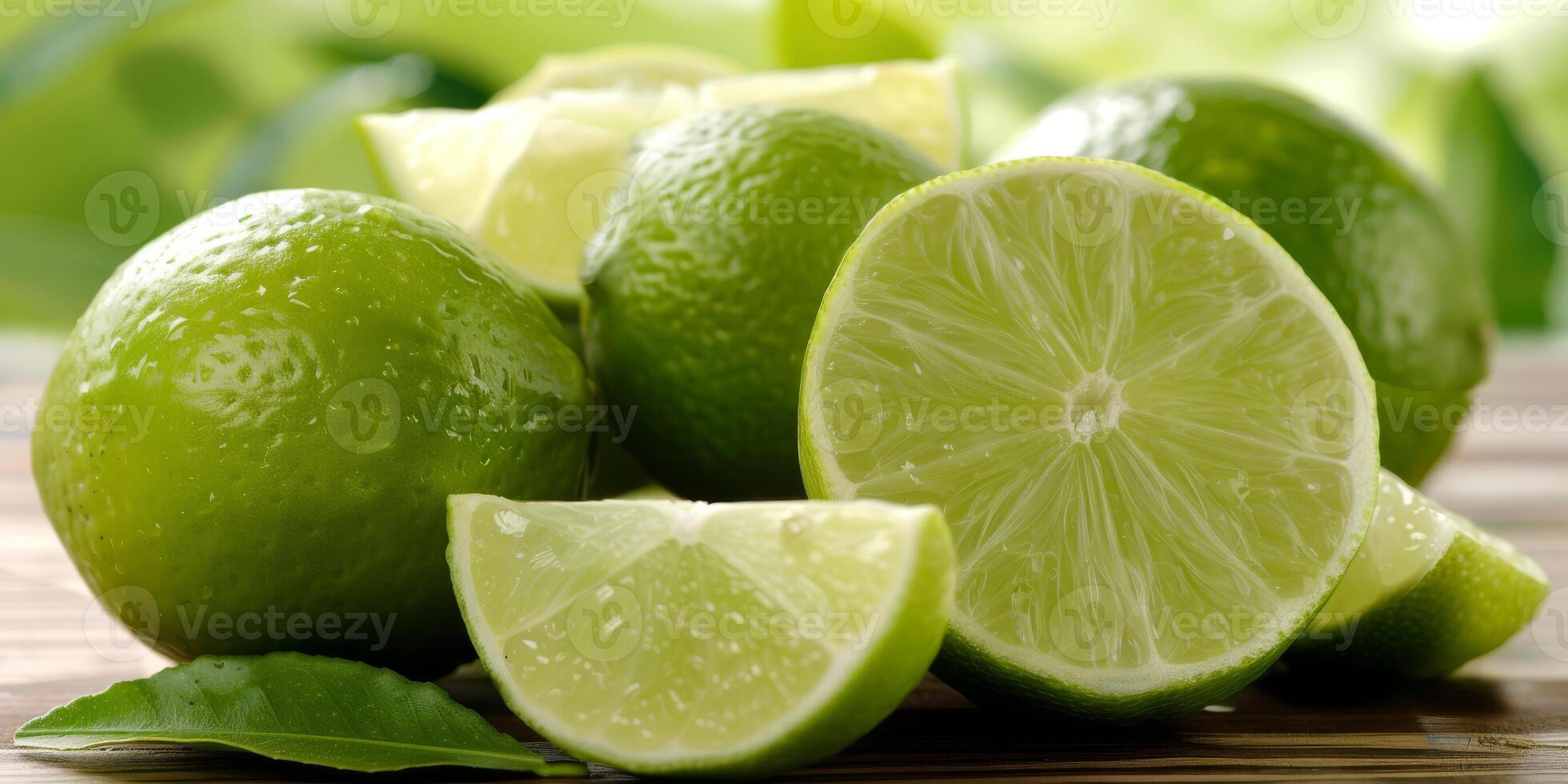Close-up of fresh whole and cut limes on wooden table, surrounded by green leaves, with a vibrant background. photo