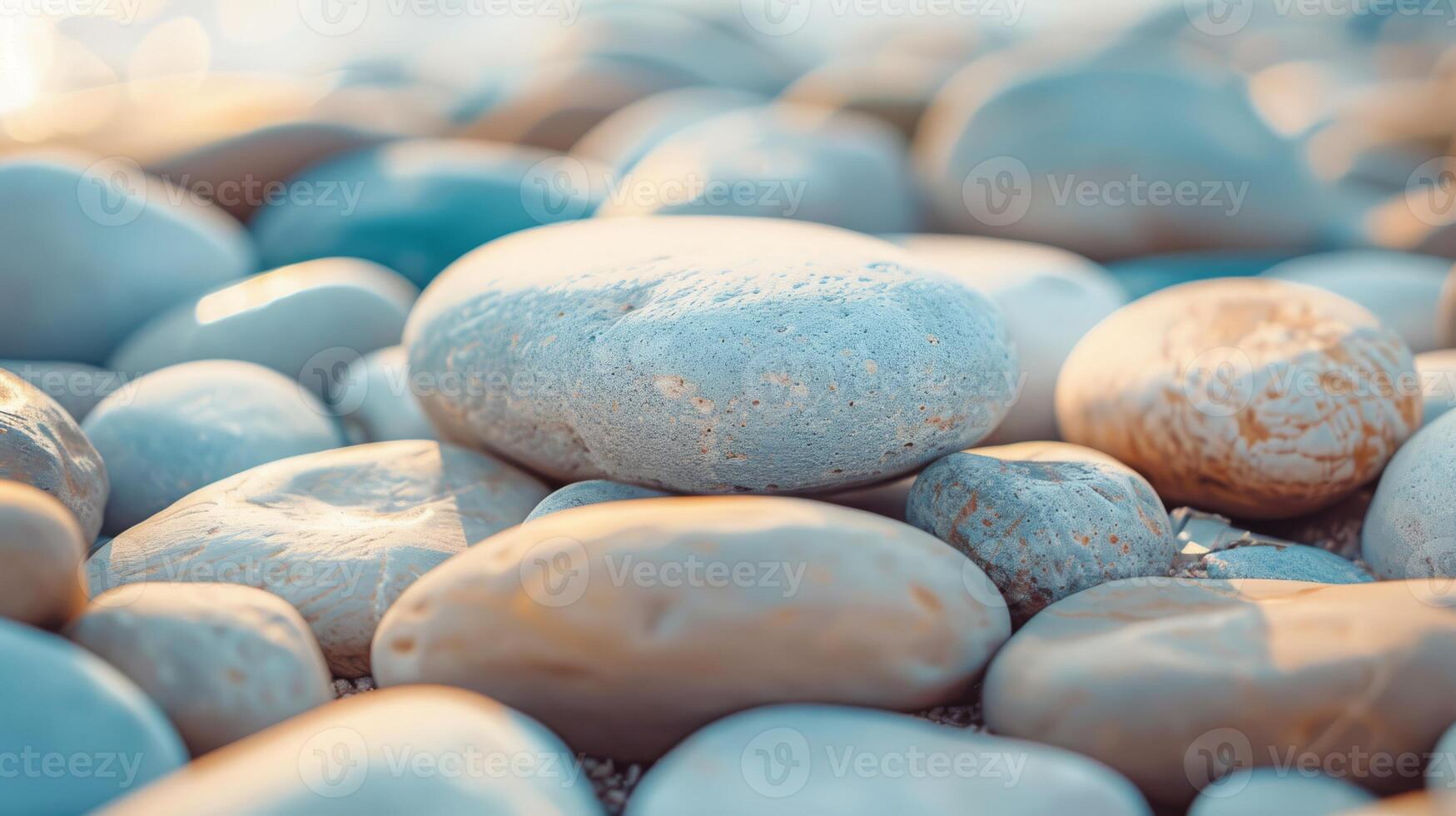 Serene scene with smooth, colorful pebbles on a beach gently lit by sunlight, creating a calming ambiance photo