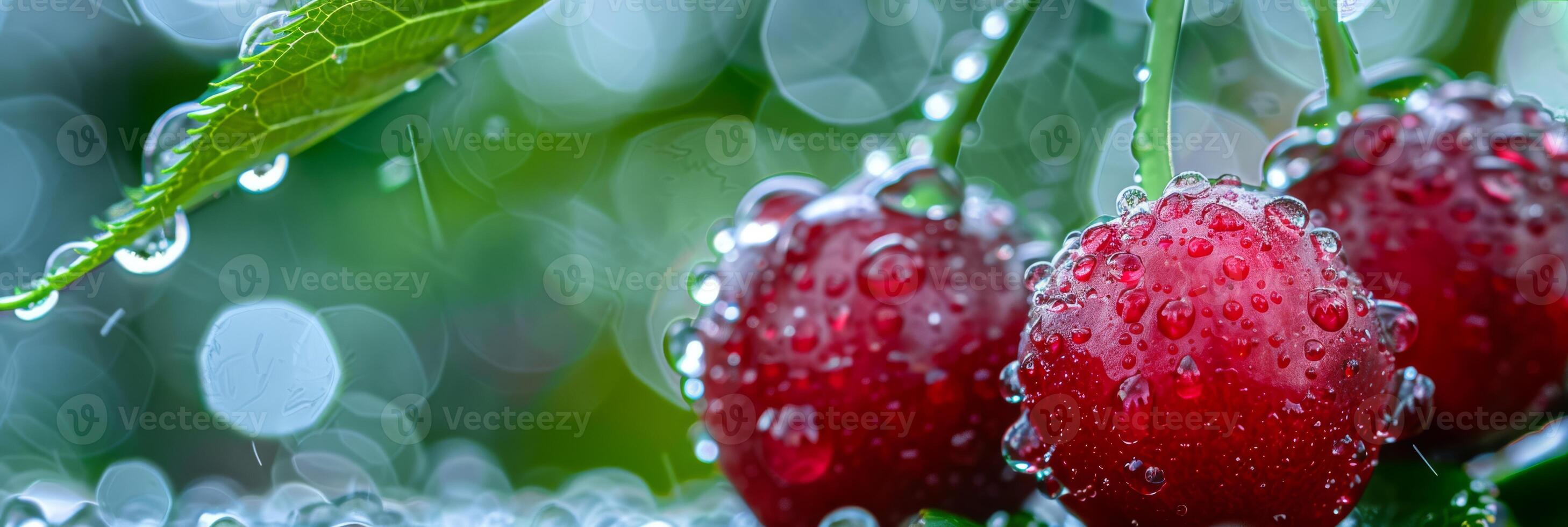 A closeup view of raindropcovered red cherries on tree leaves with a bokeh background in a lush garden setting photo