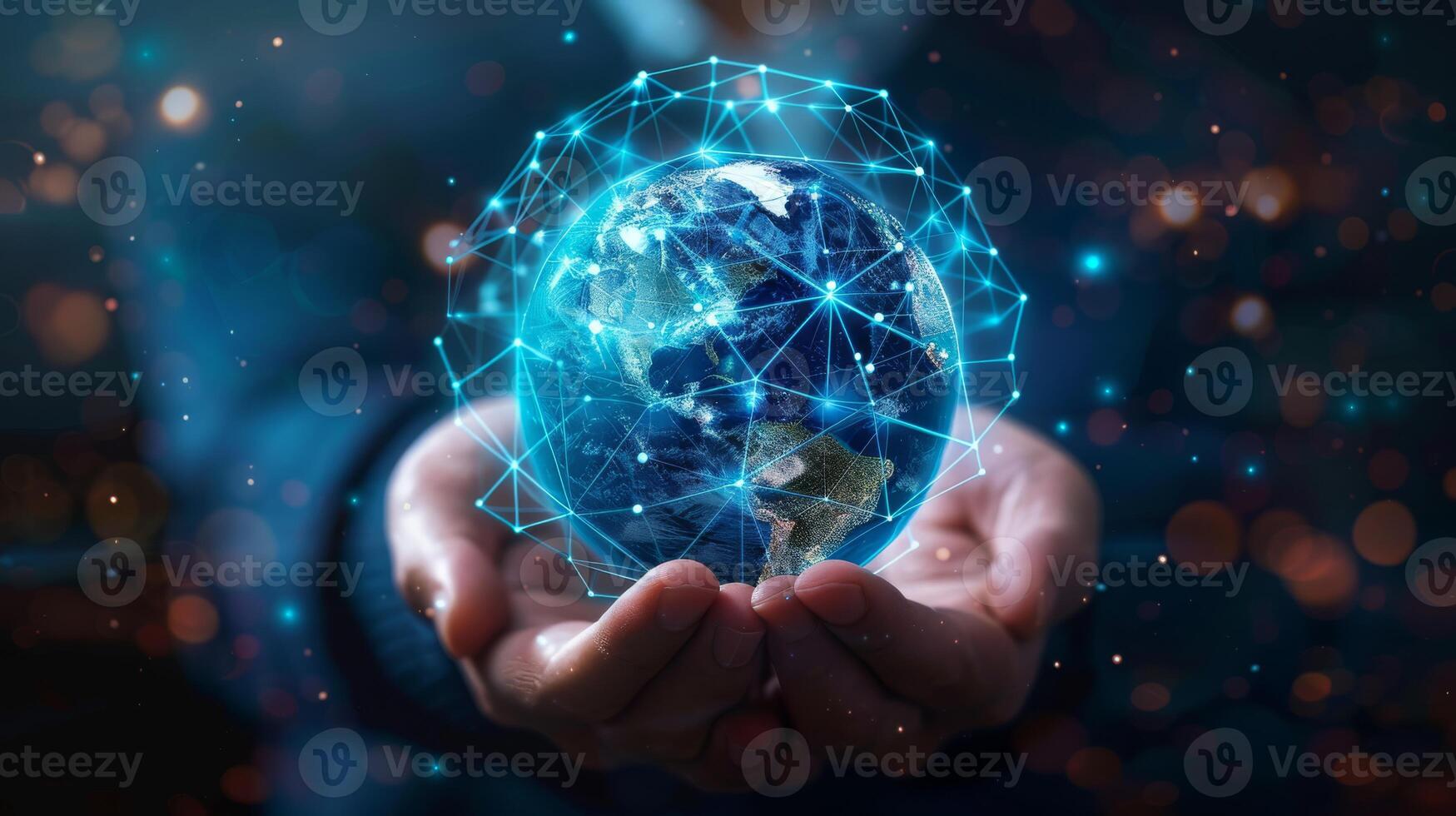 Depiction of human hands holding a digitally connected globe, symbolizing a global network enabled by technology photo