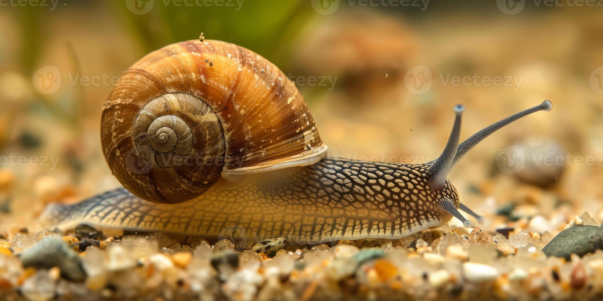 Closeup of a garden snail with a spiral shell moving on sandy ground, focusing on details and textures in a macro shot photo