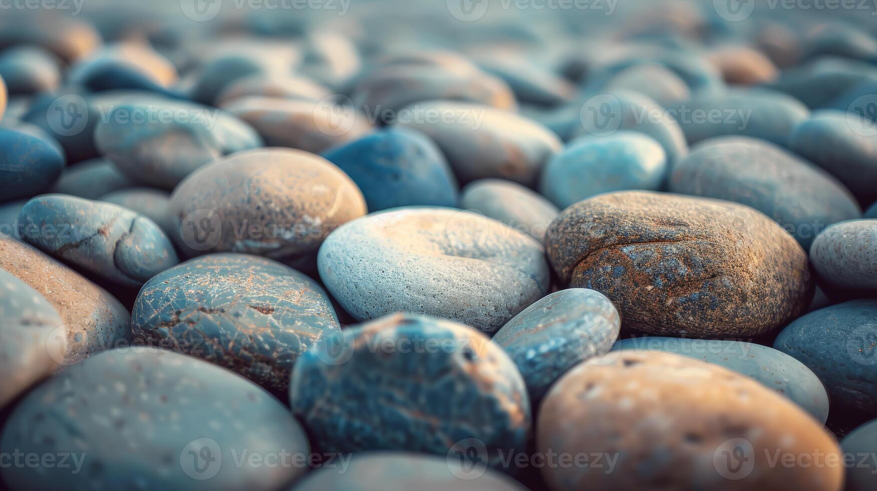 Close-up view of colorful smooth pebbles on a beach with perfect natural lighting, ideal for backgrounds. photo