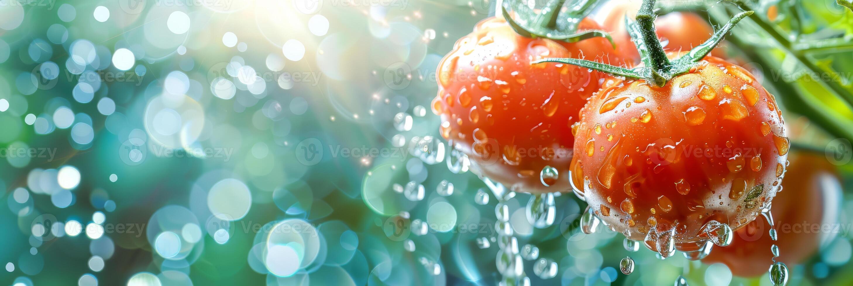 Close-up of fresh ripe tomatoes with water droplets on vine in a garden, showcasing natural freshness. photo