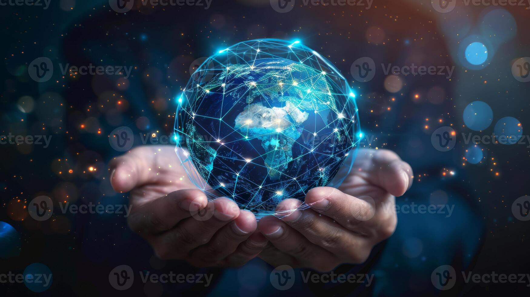 Hands holding a glowing globe represent global connectivity, advanced technology, and an interconnected world photo