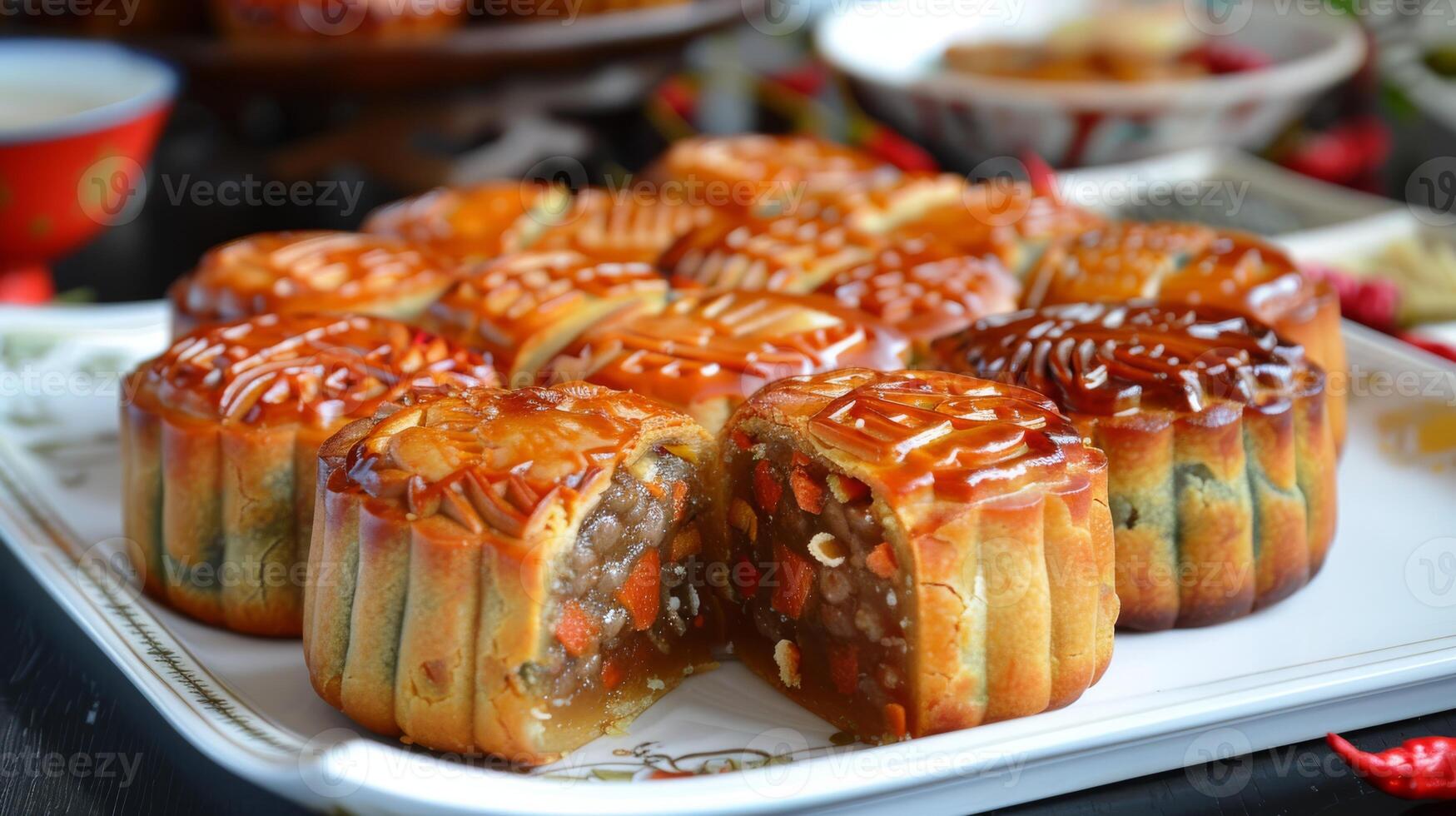 Immerse yourself in the delectable experience of Vietnamese mooncakes, a cherished treat for the MidAutumn Festival, adorned with intricate details and a range of delightful fillings photo