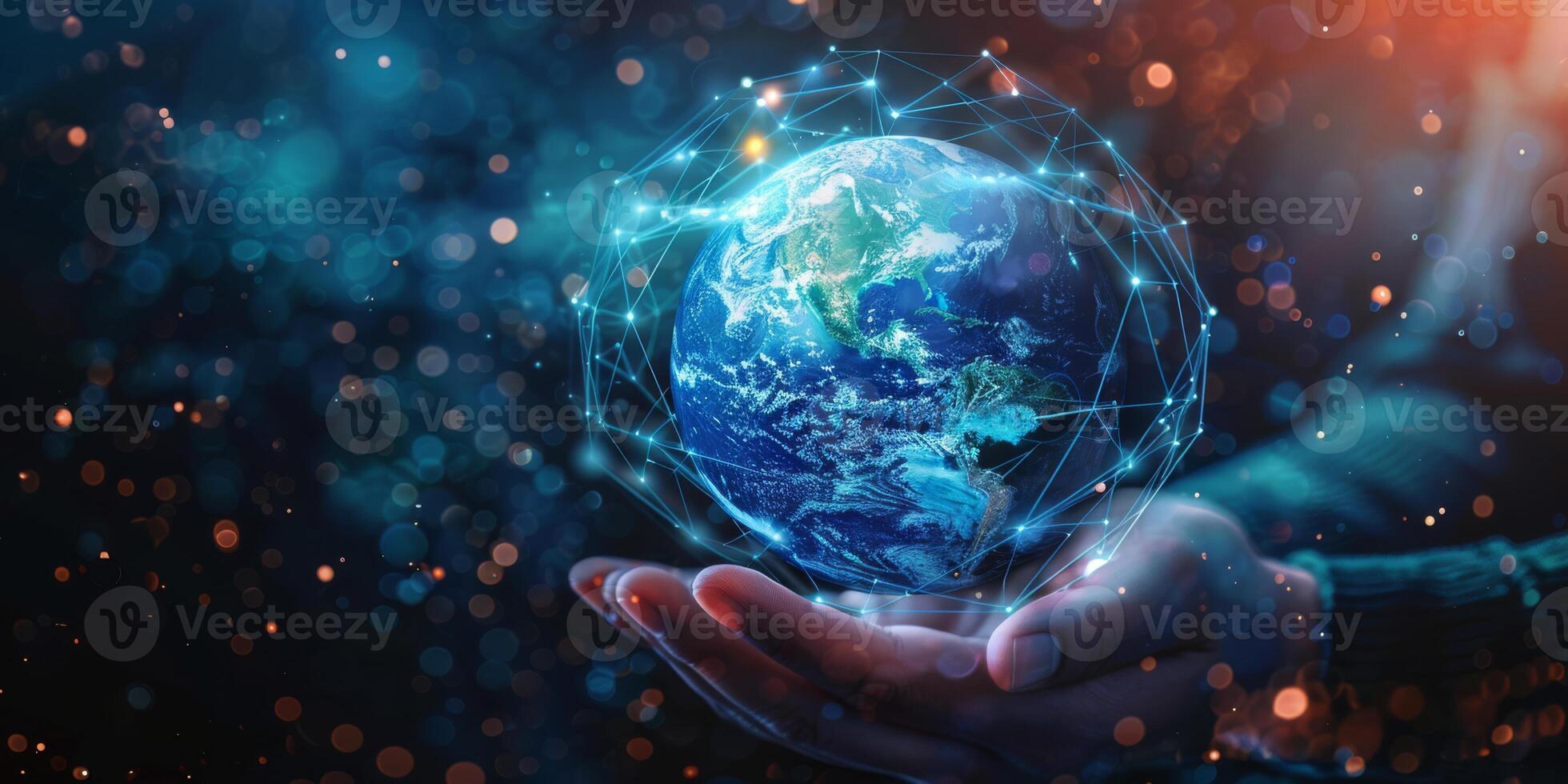 A representation of global connectivity with a digital network surrounding the planet Earth in a hand. photo