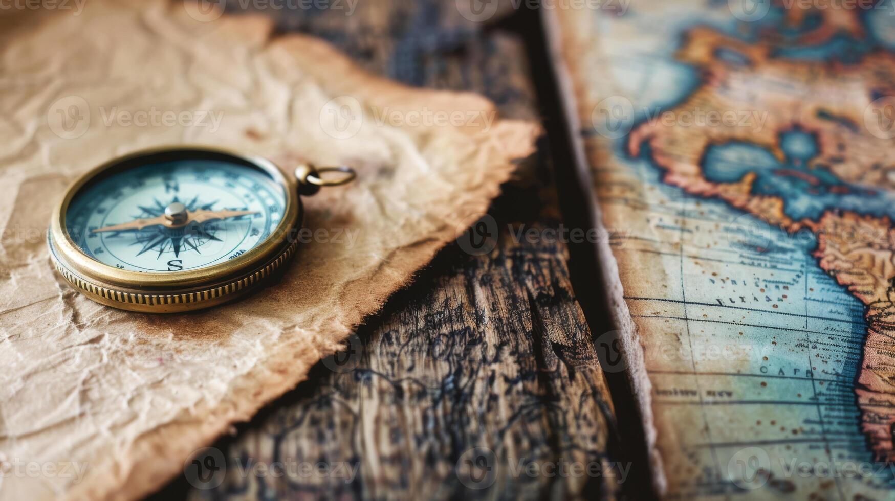 An antique compass rests on a vintage map, atop a rustic wooden table, evoking a sense of adventure and exploration photo