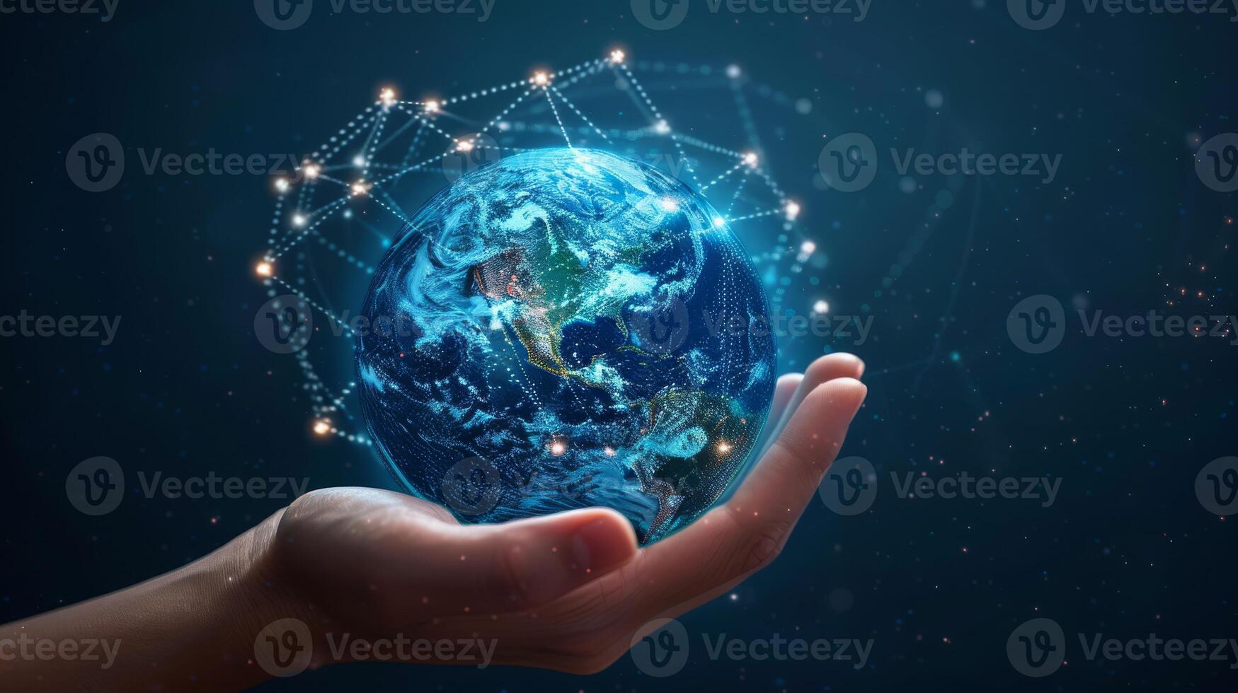 Hand holding a digital earth with network connections, representing global connectivity and technology. photo