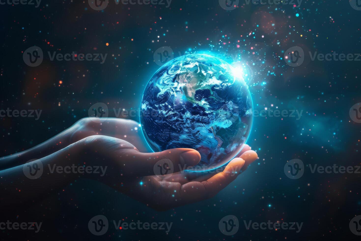 Digital illustration of hands holding Earth, symbolizing global connection and care in a cosmic background. photo