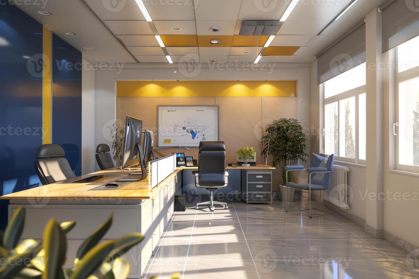 Creating a modern office space with ergonomic furniture, natural light, and sleek design to enhance productivity photo