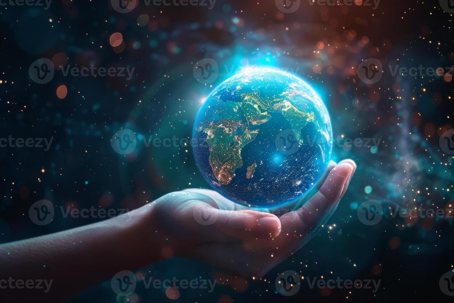 A hand gently holding a glowing Earth, symbolizing global unity, care, and environmental responsibility. photo