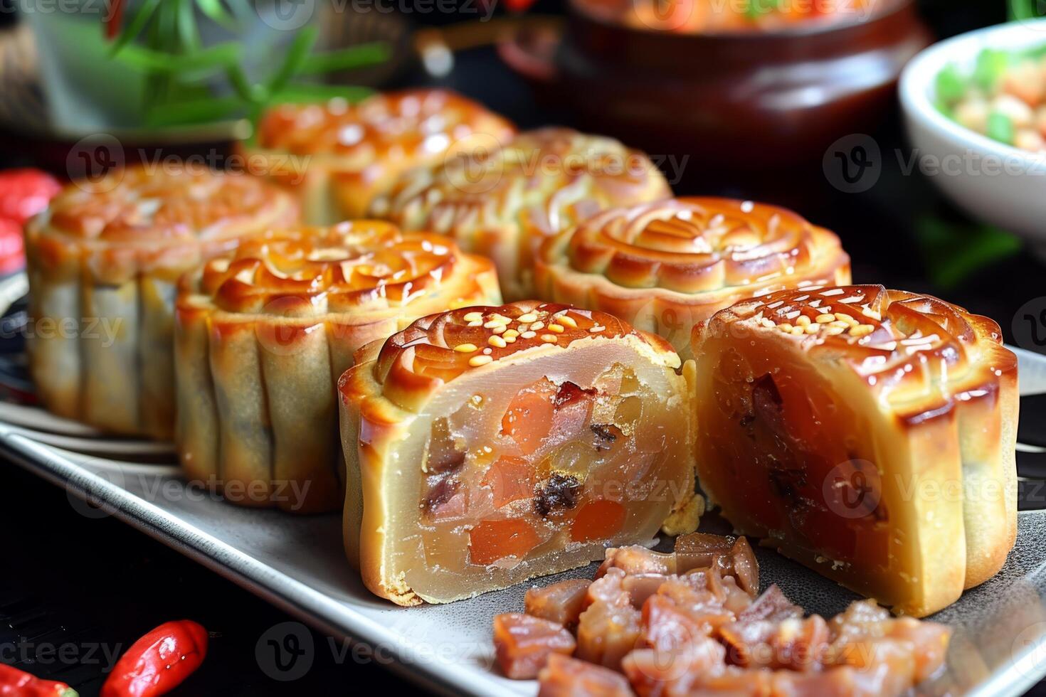 A vibrant selection of traditional Vietnamese mooncakes, showcasing their intricate designs and rich fillings, perfect for the MidAutumn Festival photo