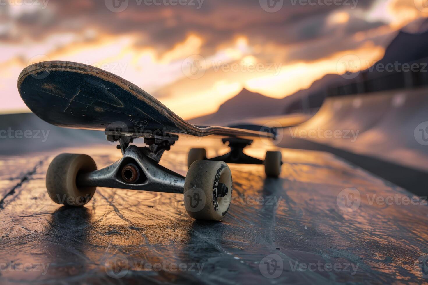 A closeup of a skateboard in a skatepark at sunset, embodies thrill and adventure in youth culture photo