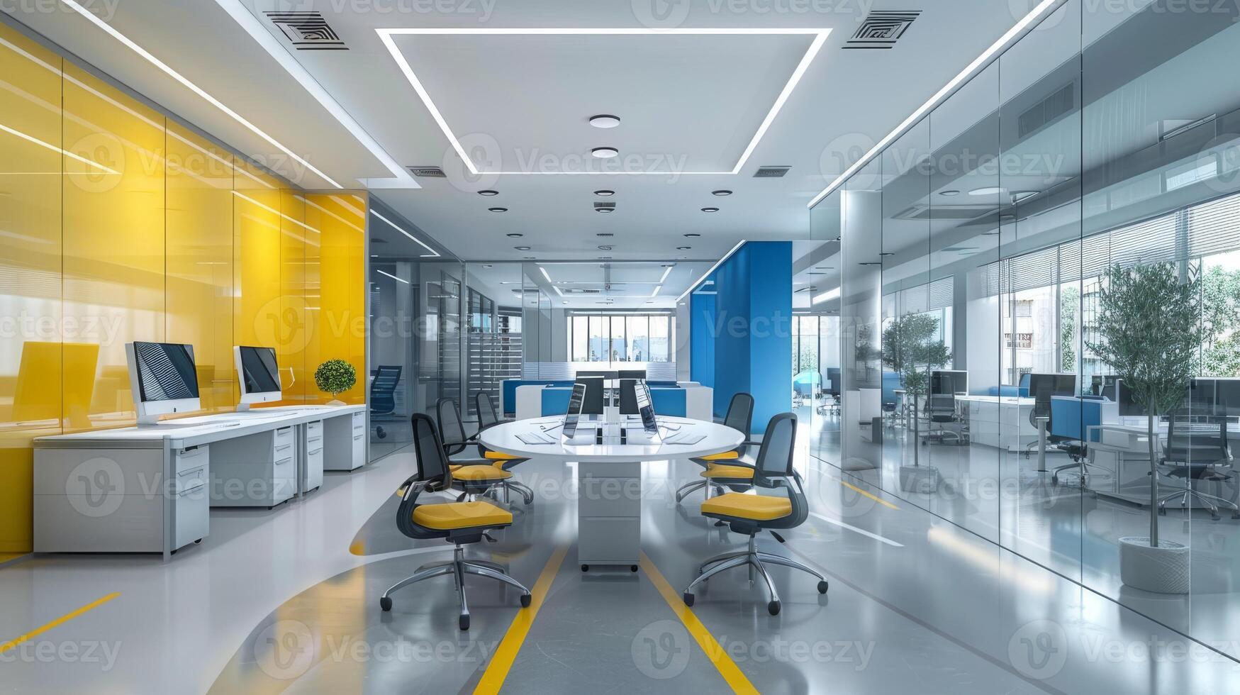 Bright open office with colorful partitions, modern furniture, and glass walls for a contemporary look photo