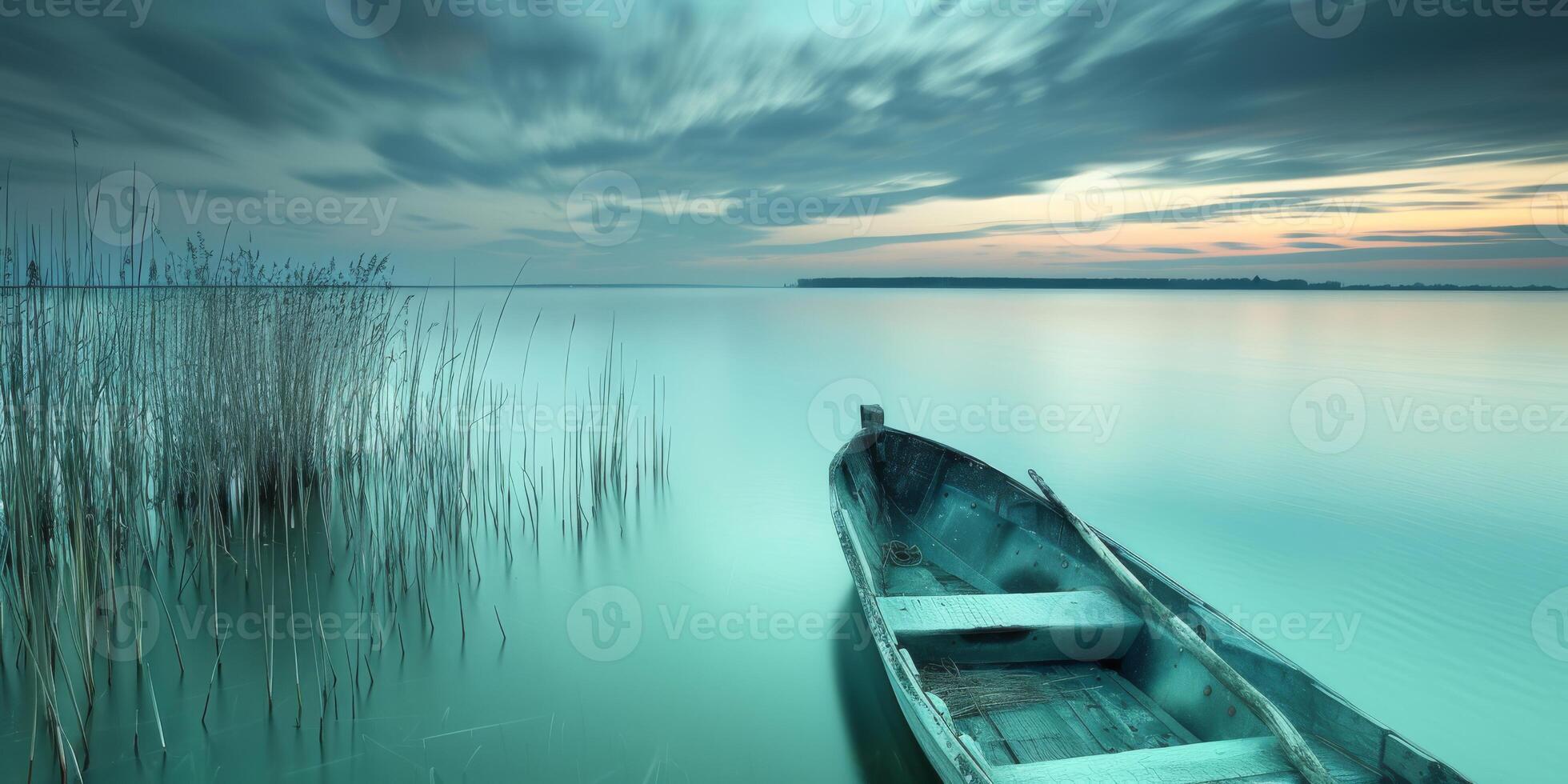 A serene scene with a boat on a calm lake at dusk, under a cloudy sky, evokes peace and tranquility photo