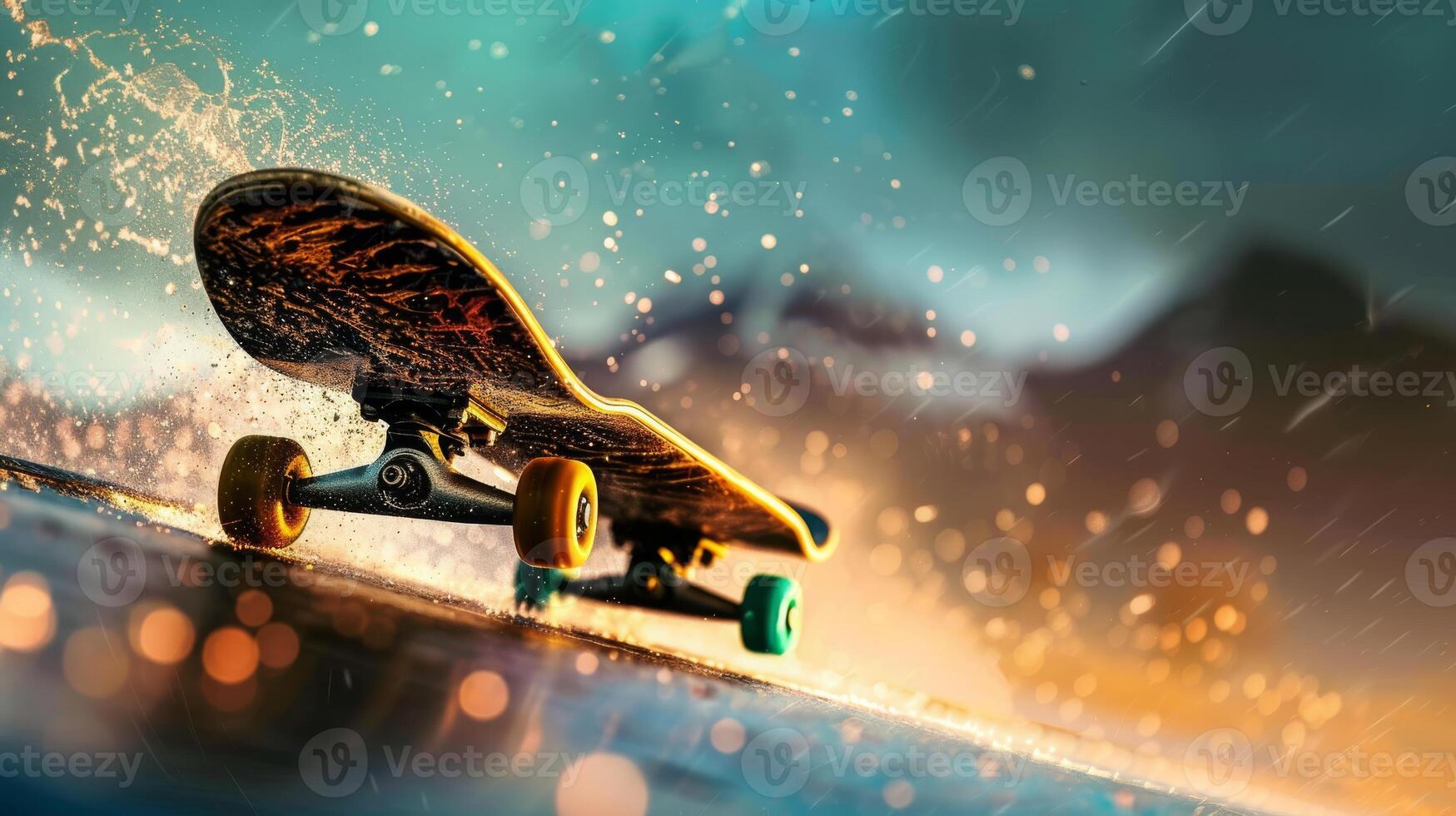 A skateboard in motion against a vibrant urban background with water splashes creating a dynamic scene. photo