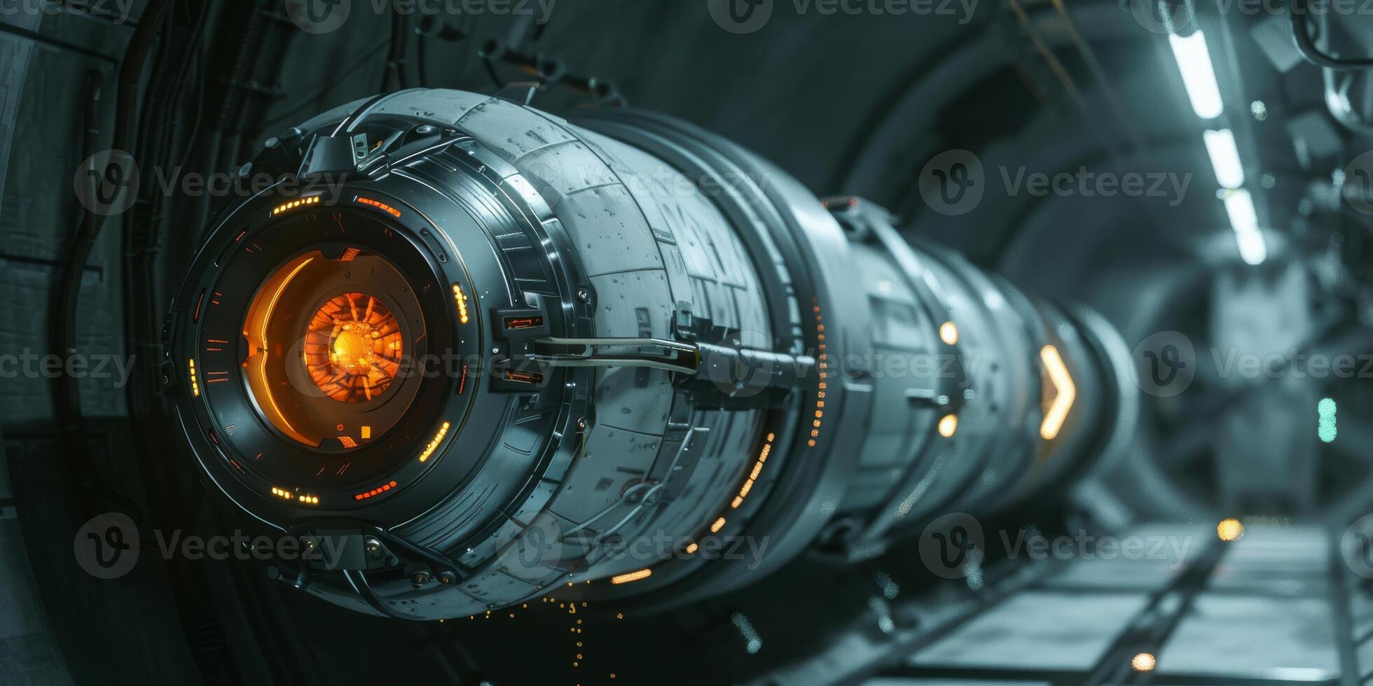 Detailed view of a futuristic sci-fi spaceship docked in a dimly lit space tunnel with glowing elements. photo