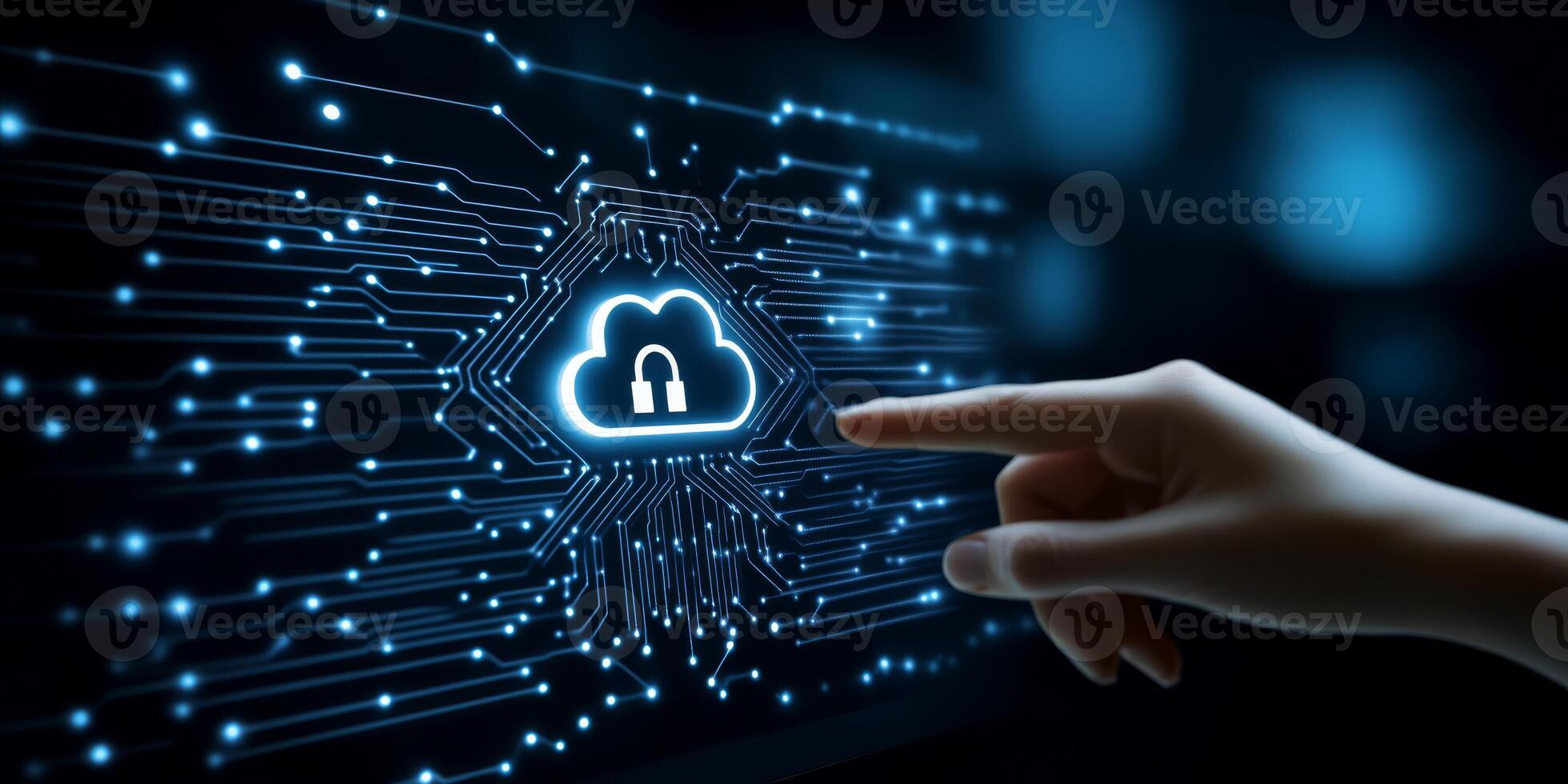 A hand interacts with a modern touch screen displaying symbols of cloud storage security and network connections, set against a deep blue backdrop, showcasing technologys captivating visuals photo