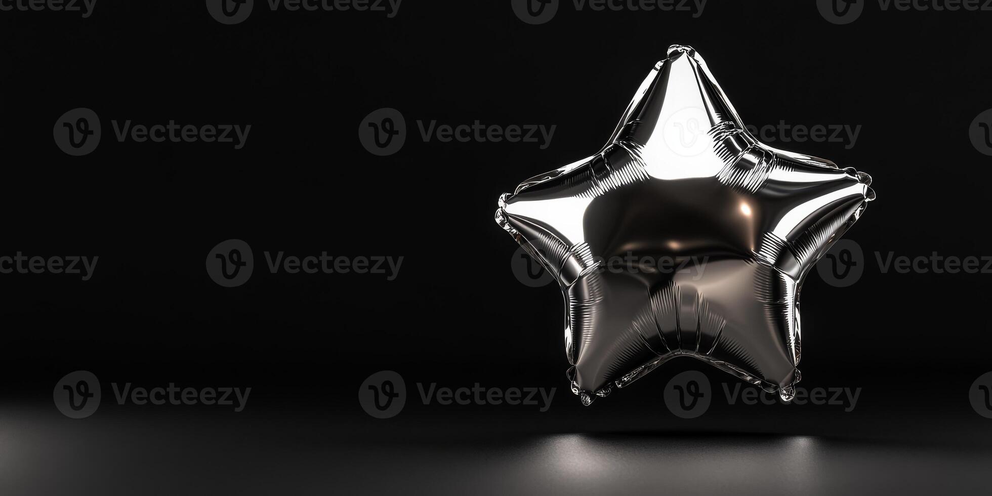 A shiny silver starshaped balloon floats against a dark background. Its reflective surface is illuminated, creating a captivating display that enhances the scene, perfect for any celebration photo