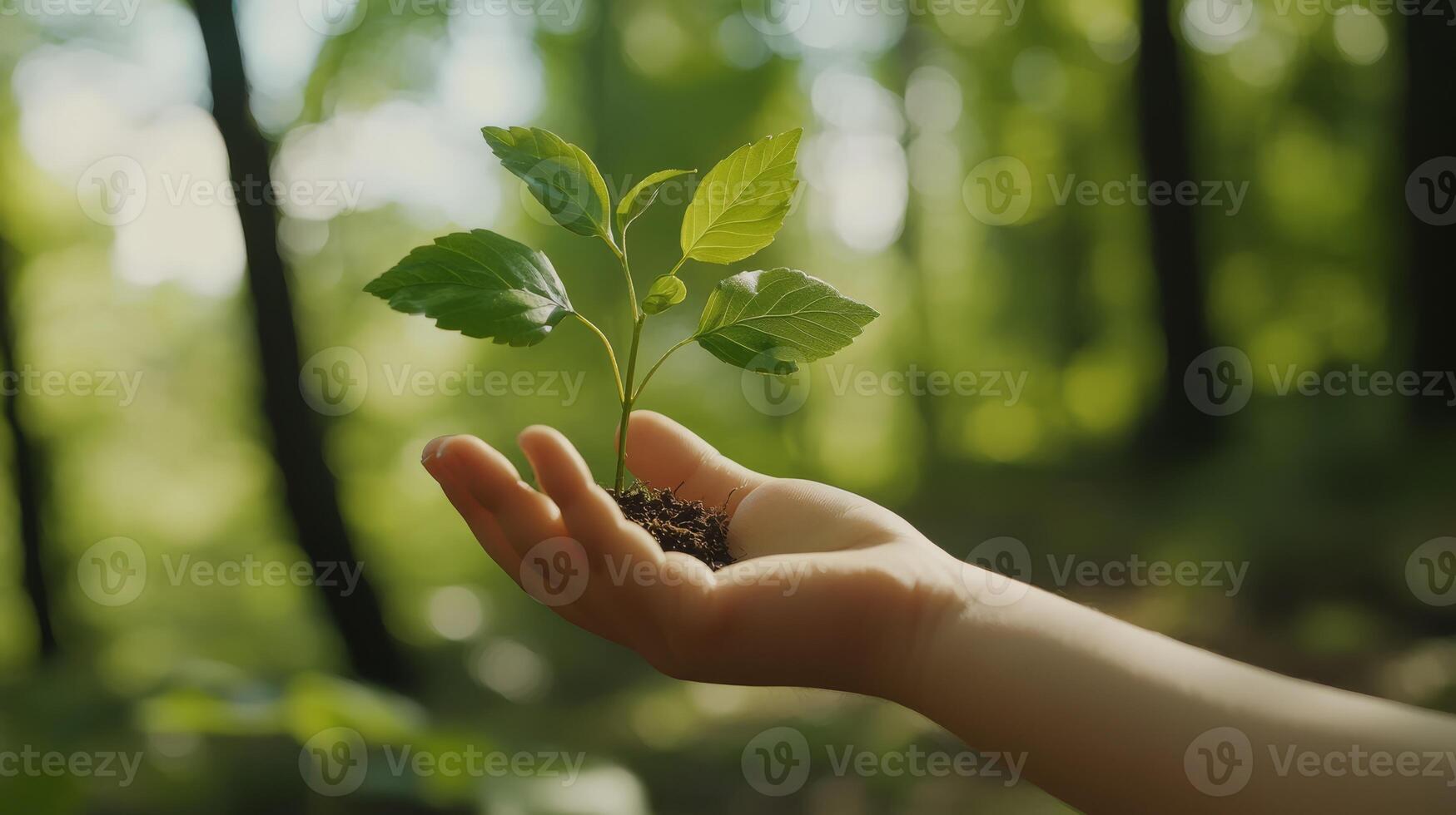 A young child holds a vibrant green plant against a beautiful backdrop, symbolizing Earth Day and promoting ecofriendliness and sustainability for a brighter future for our planet photo