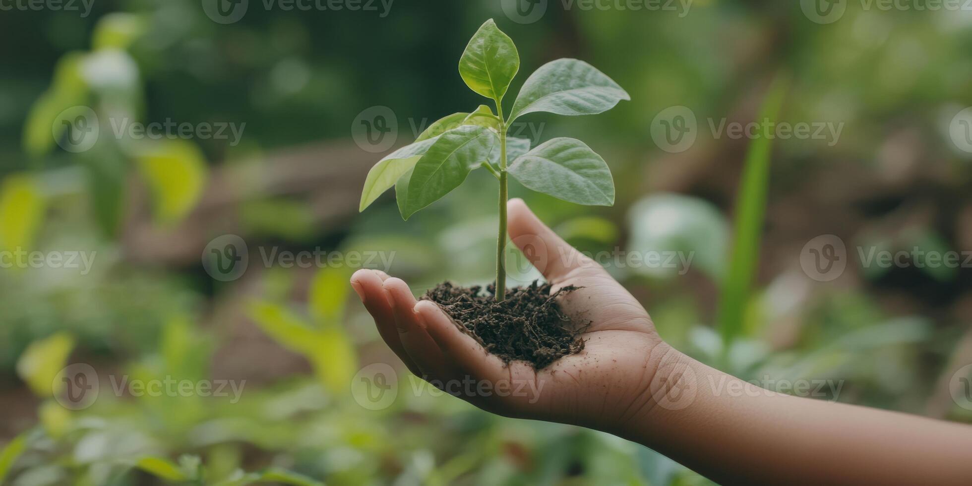 A child cradles a fragile plant, symbolizing love and care for our environment, against a lush green backdropperfect for Earth Day, highlighting nature and the importance of stewardship photo