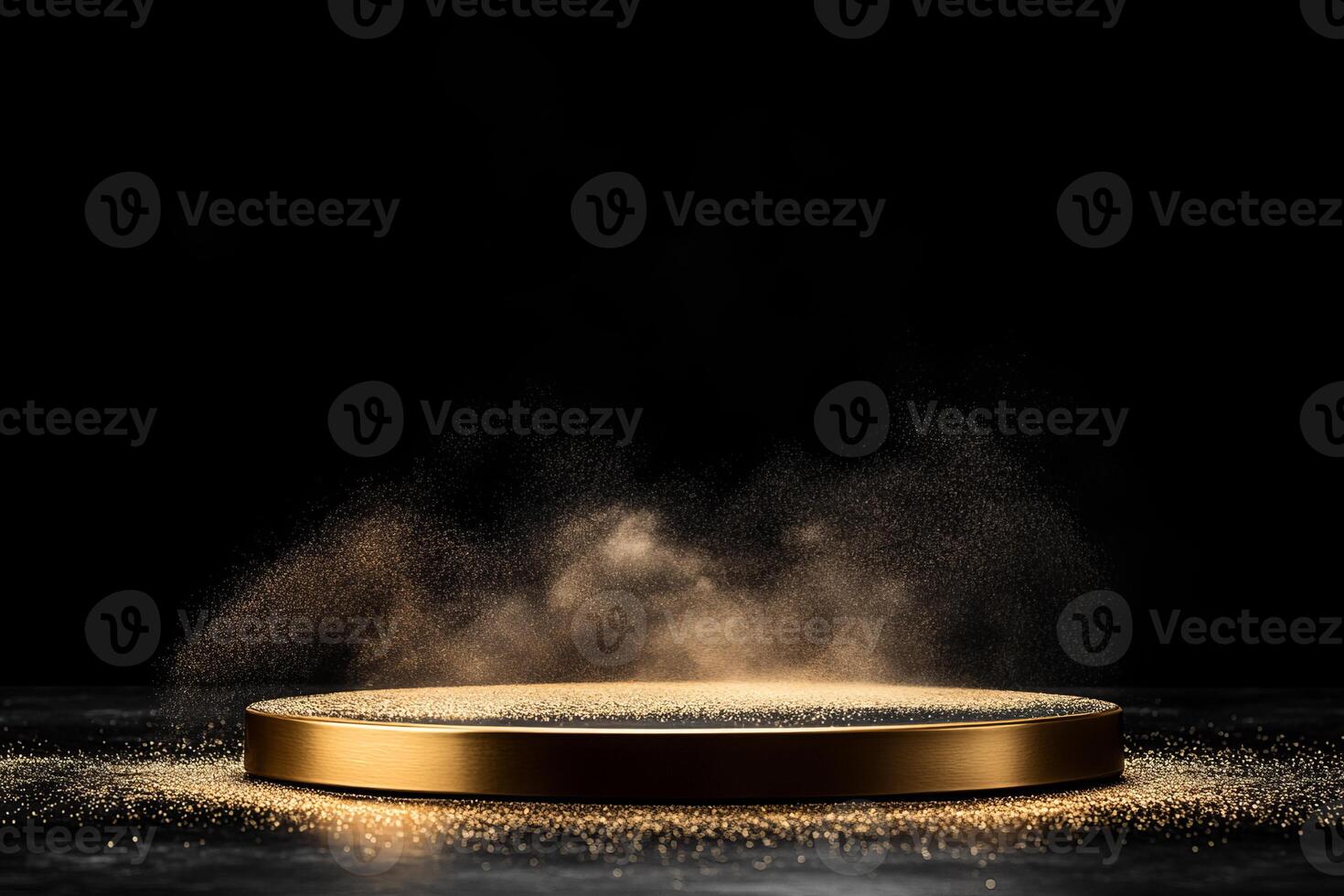 This striking 3D rendering of a luxurious gold podium is designed to showcase achievements or highend products, elegantly set against a sleek black background that enhances its appeal photo