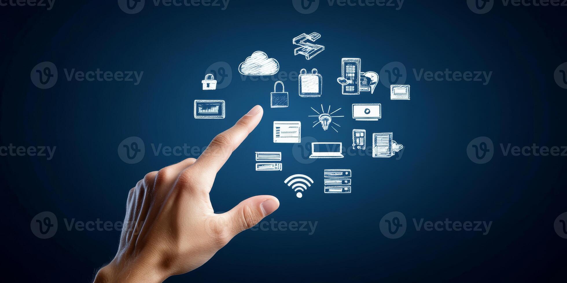 A hand reaches out to a glowing screen filled with colorful tech icons representing online networking, secure cloud storage, and advanced security systems focused on user privacy and data integrity photo