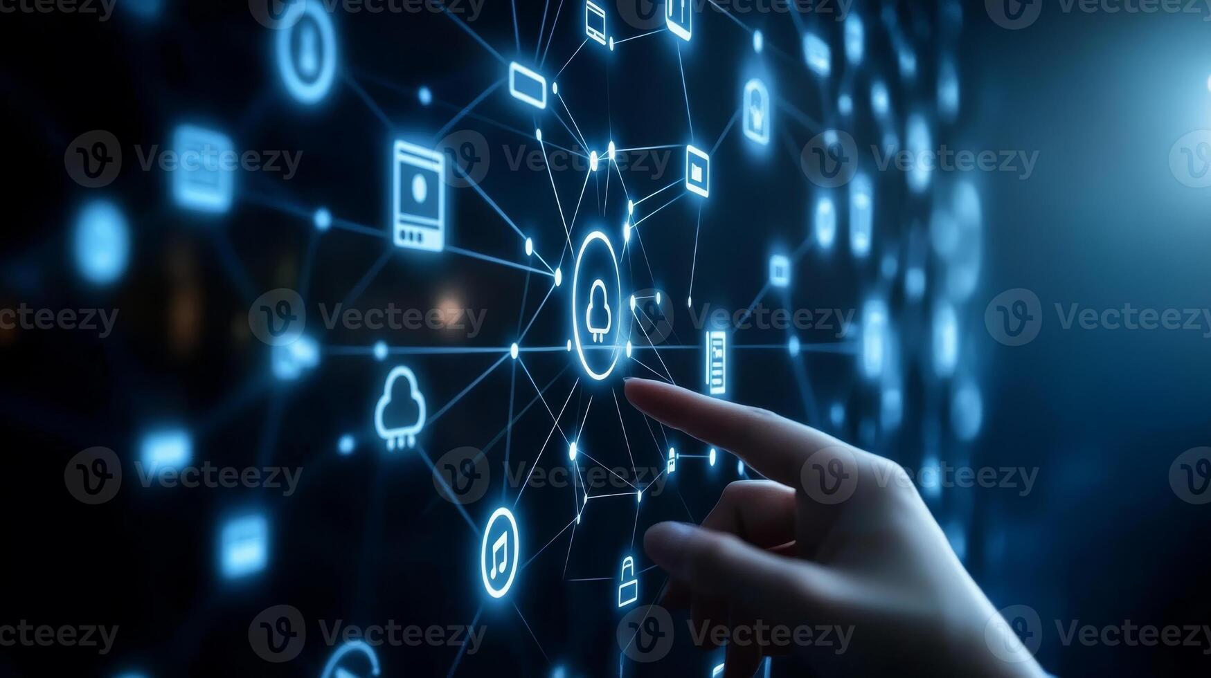 A hand reaches out to interact with a vibrant digital screen displaying technology and network icons like cloud storage and data security, set against an immersive blue background photo