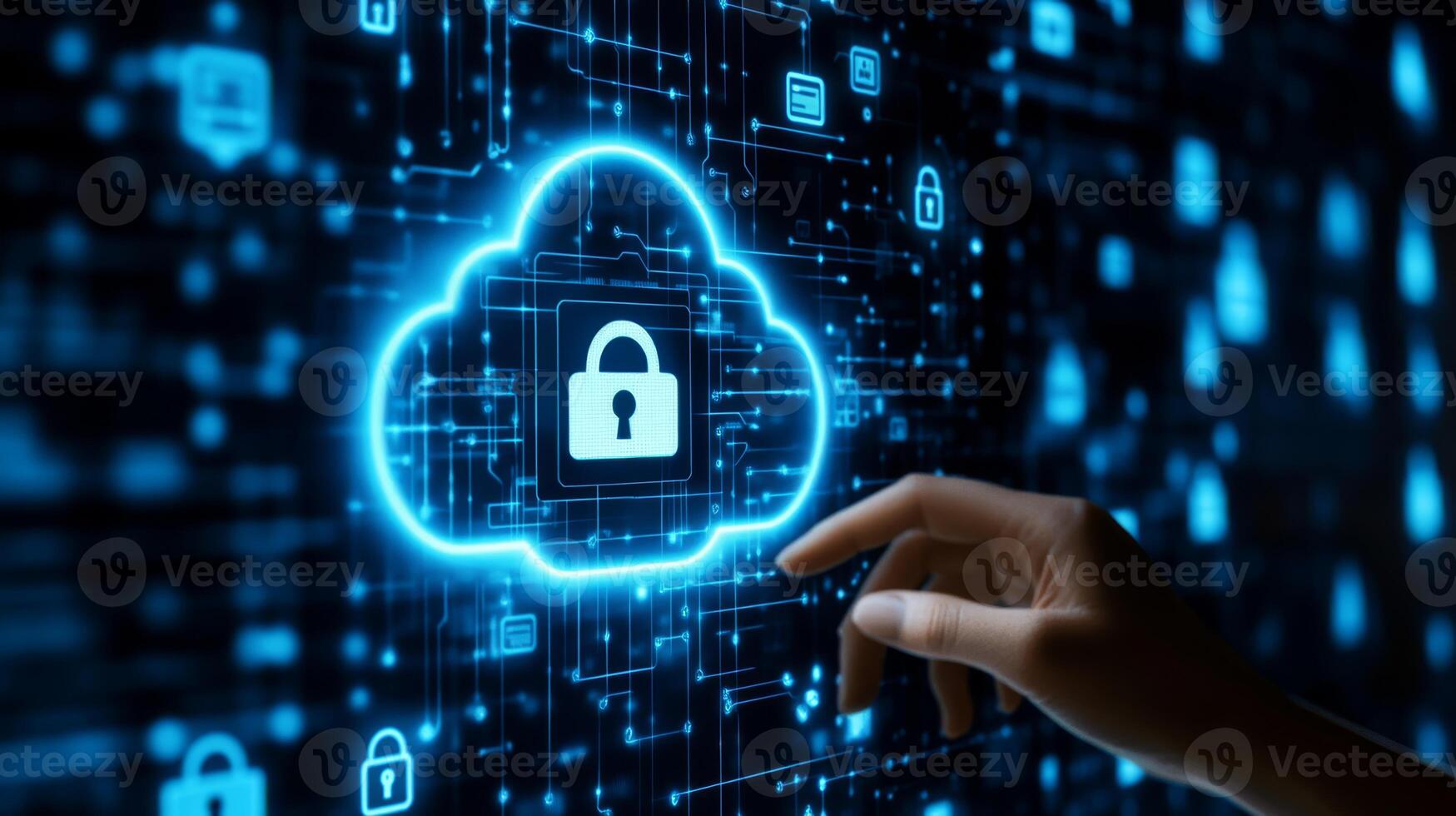 A hand gracefully touches a vibrant digital screen displaying a variety of cloud storage, cybersecurity, and advanced technology icons, emphasizing the importance of modern network connections today photo