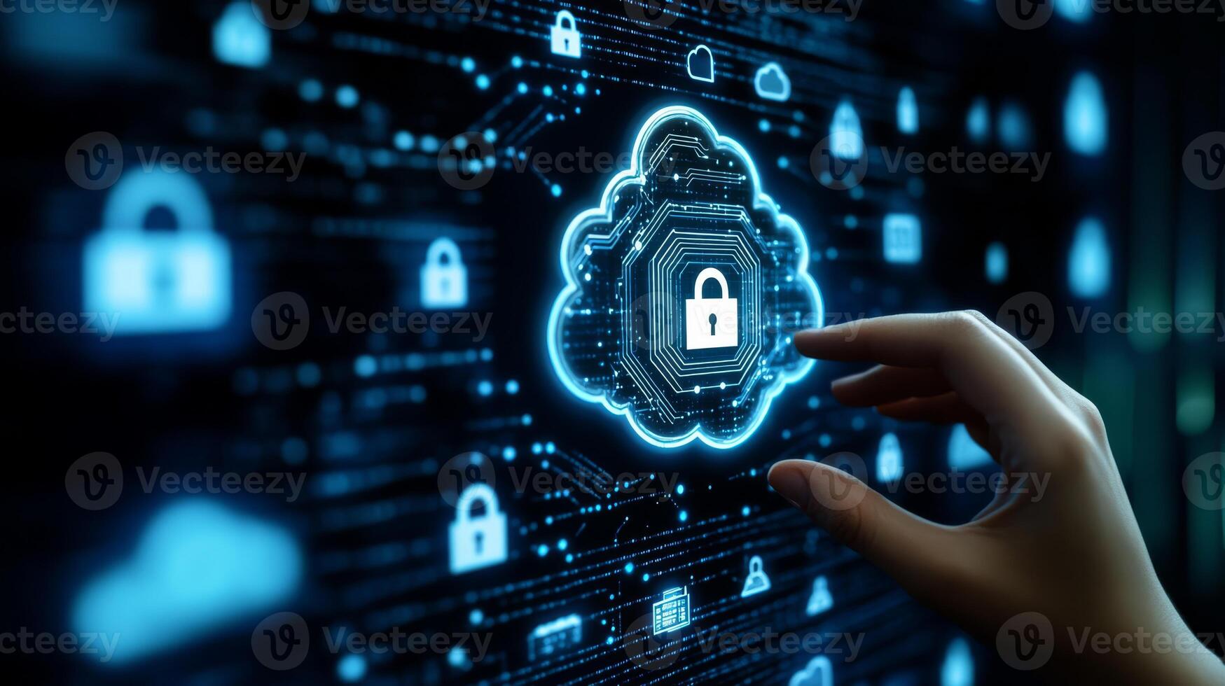 A hand gracefully interacts with a captivating digital interface that features various tech icons, including cloud storage and security, all beautifully set against an attractive dark blue background photo