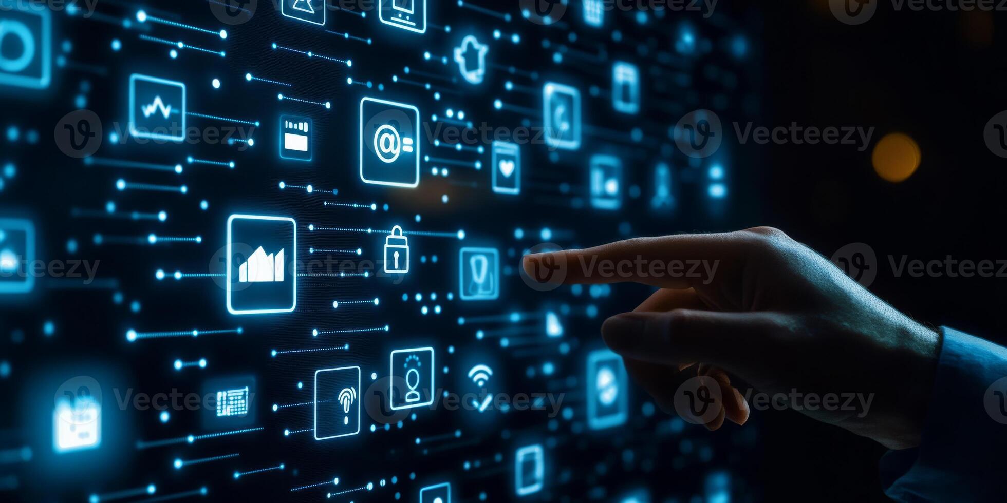 A hand interacts with a vibrant digital screen showing technology and networking icons, highlighting innovation, seamless interaction, and enhanced connectivity in todays rapidly evolving world photo