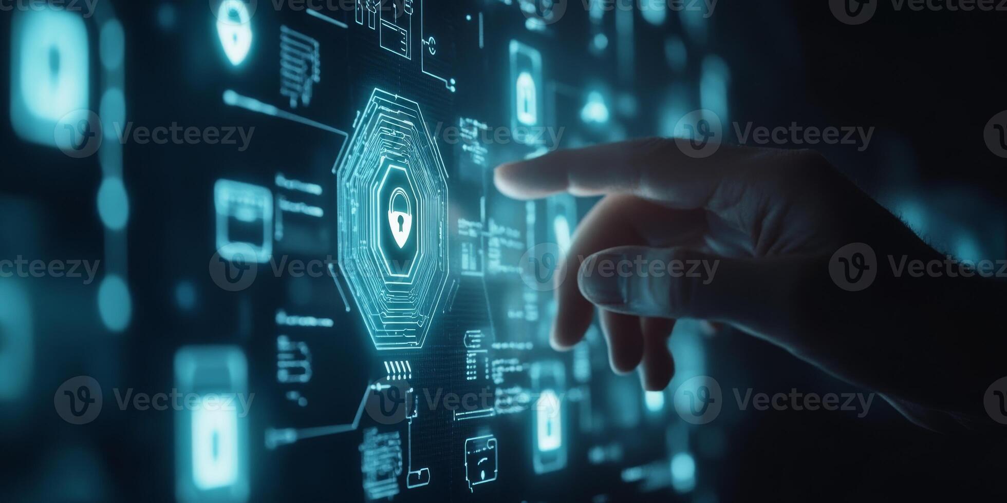 A hand interacts with a digital screen featuring technology icons for online network connections, cloud storage, and security systems, all highlighted against a dark blue backdrop. photo