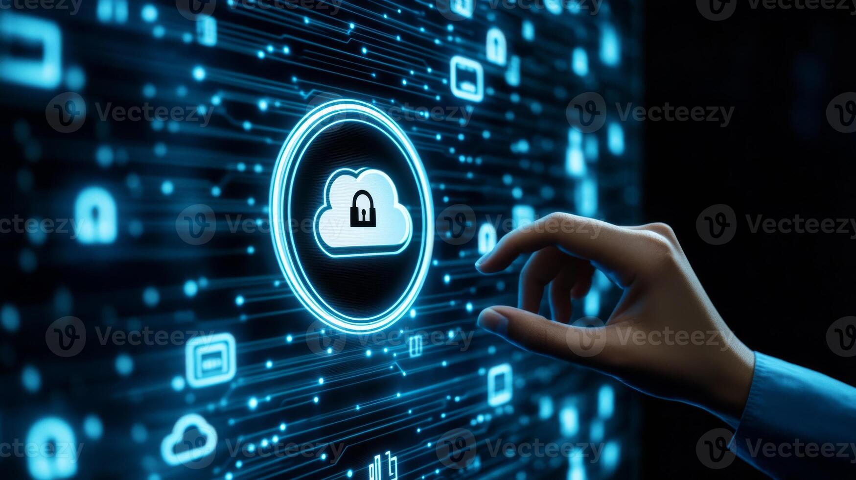 A human hand elegantly interacts with a vivid and dynamic digital screen, which showcases vibrant cloud storage and online security icons set against a striking deep blue background photo