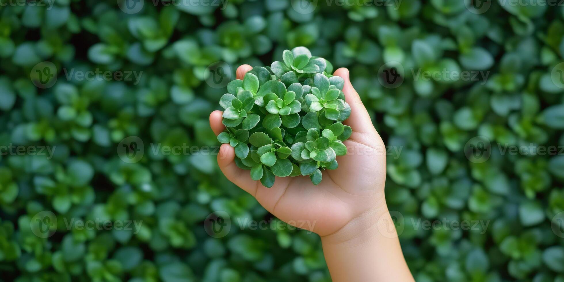In a tranquil and serene setting, a child gently holds a delicate young plant against a vibrant green backdrop, beautifully symbolizing our profound care and responsibility for nature and the Earth photo