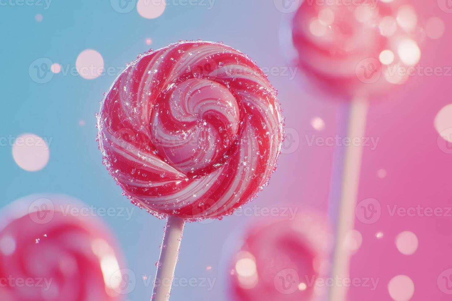 This beautifully vibrant image showcases a delightful, cute lollipop, elegantly swirled, set against a dreamy pastel background that perfectly embodies feelings of sweetness and nostalgia photo