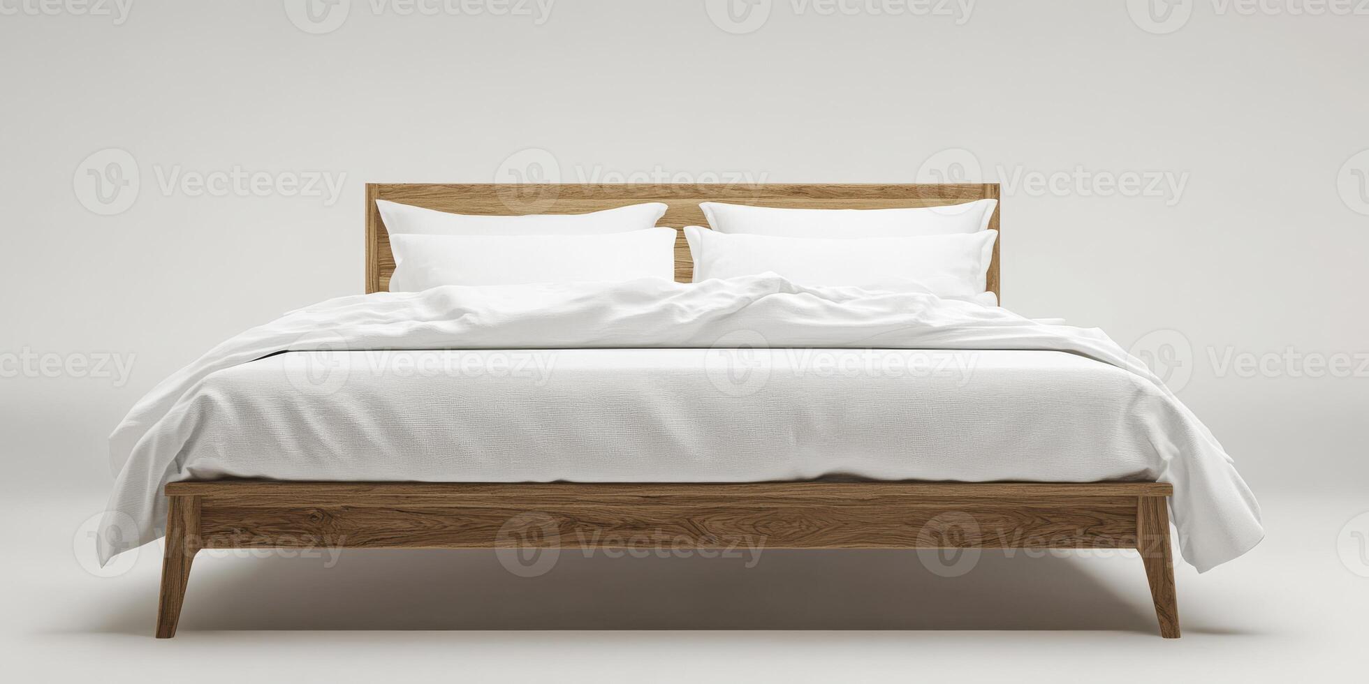 This beautifully stylish bed showcases a white linen duvet and plush cushions, all elegantly framed by a sleek wooden structure, which greatly enhances modern design aesthetics in your bedroom space photo