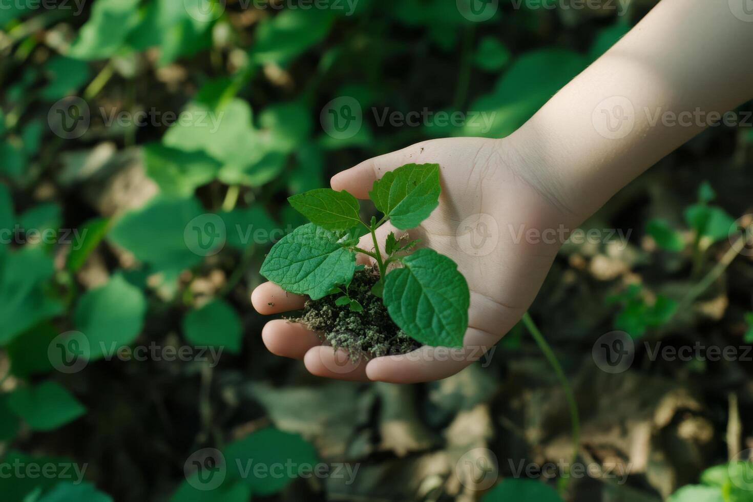 A childs hand cradles a green plant against a colorful background, symbolizing the essential care for nature and the importance of environmental conservation for future generations photo