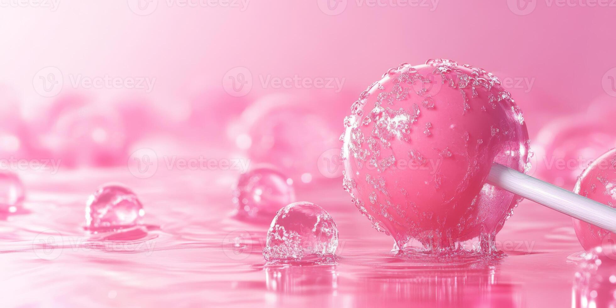 A delightful, vibrant pink lollipop is beautifully placed and surrounded by glistening droplets of water, all set against a soft pink background that evokes a whimsical and sugary atmosphere photo