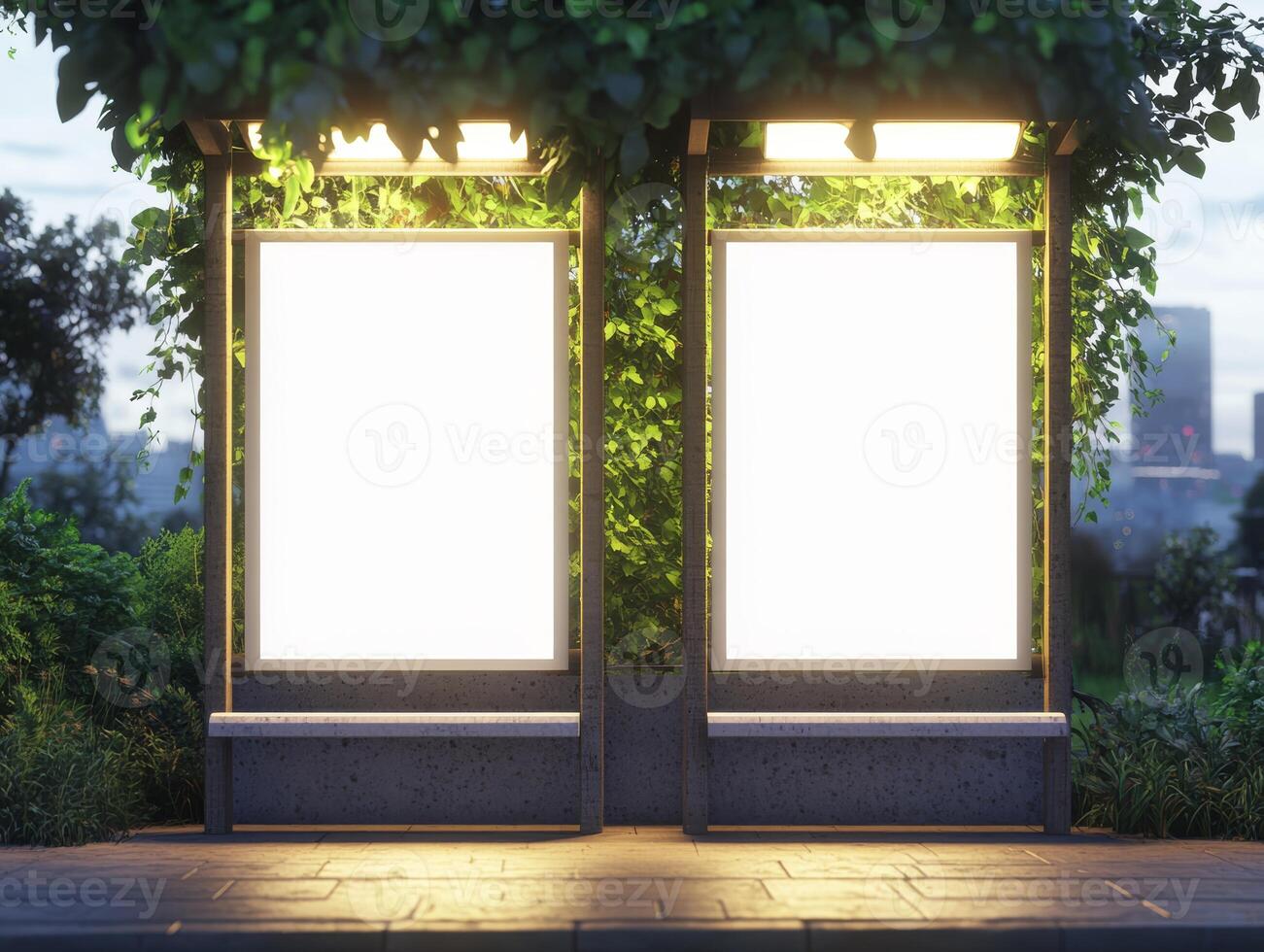 In a bustling urban environment, illuminated blank advertising panels are strategically positioned at a bus stop, which is nicely surrounded by trees, making them perfect for trendy urban marketing photo
