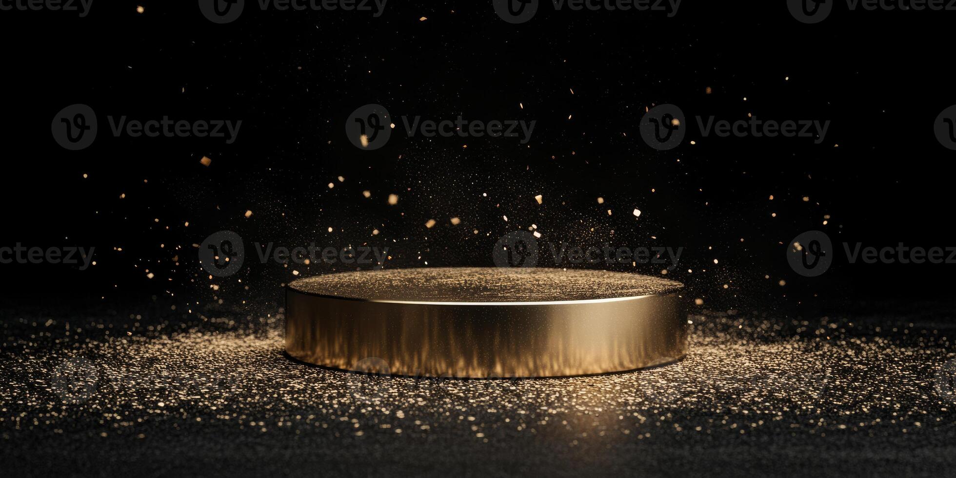 This stunning 3D rendering features a luxury gold podium with glowing particles on a sleek black background, ideal for presentations and award ceremonies, exuding sophistication and modernity photo