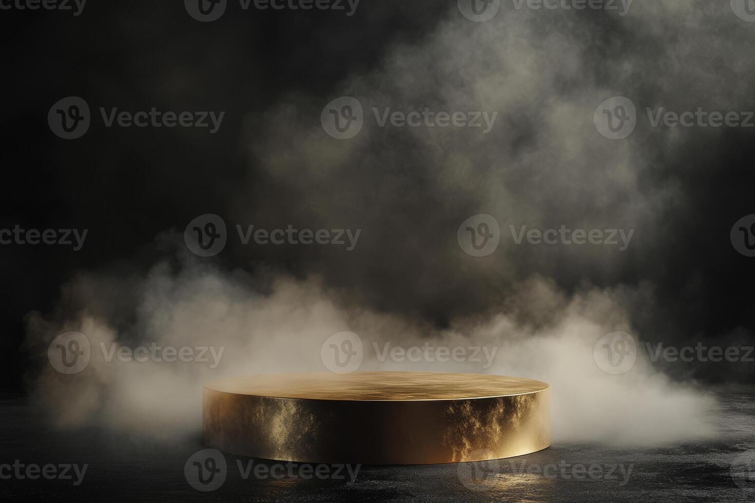 A captivating 3D render features a luxurious golden podium on a black backdrop, enhanced by swirling mist, ideal for impressive presentations highlighting elegance in every detail photo
