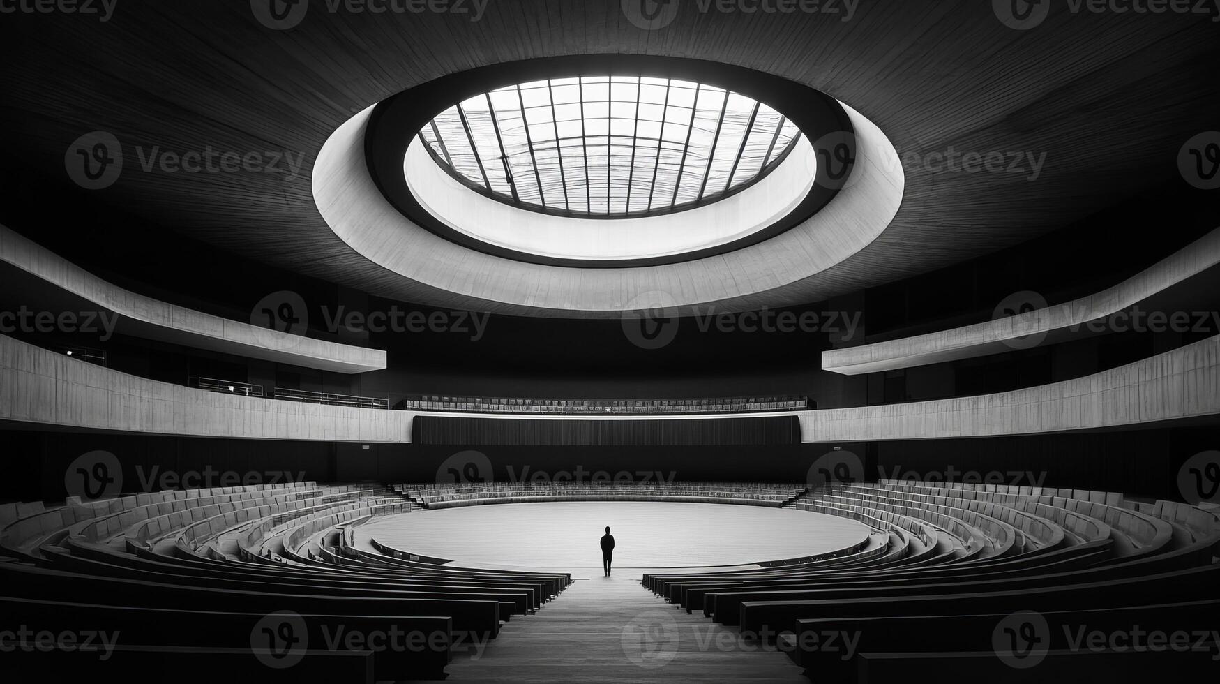 A breathtaking monochrome view capturing the essence of a spacious, empty circular auditorium, which showcases modern architectural design and innovative, striking lighting that dazzles the eyes photo