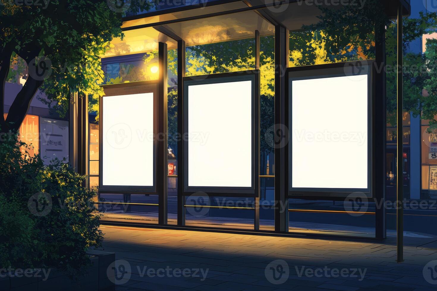 The modern bus stop signage boasts empty panels that are perfectly designed for advertising purposes. This makes it ideal for city promotions and marketing campaigns in bustling urban environments photo