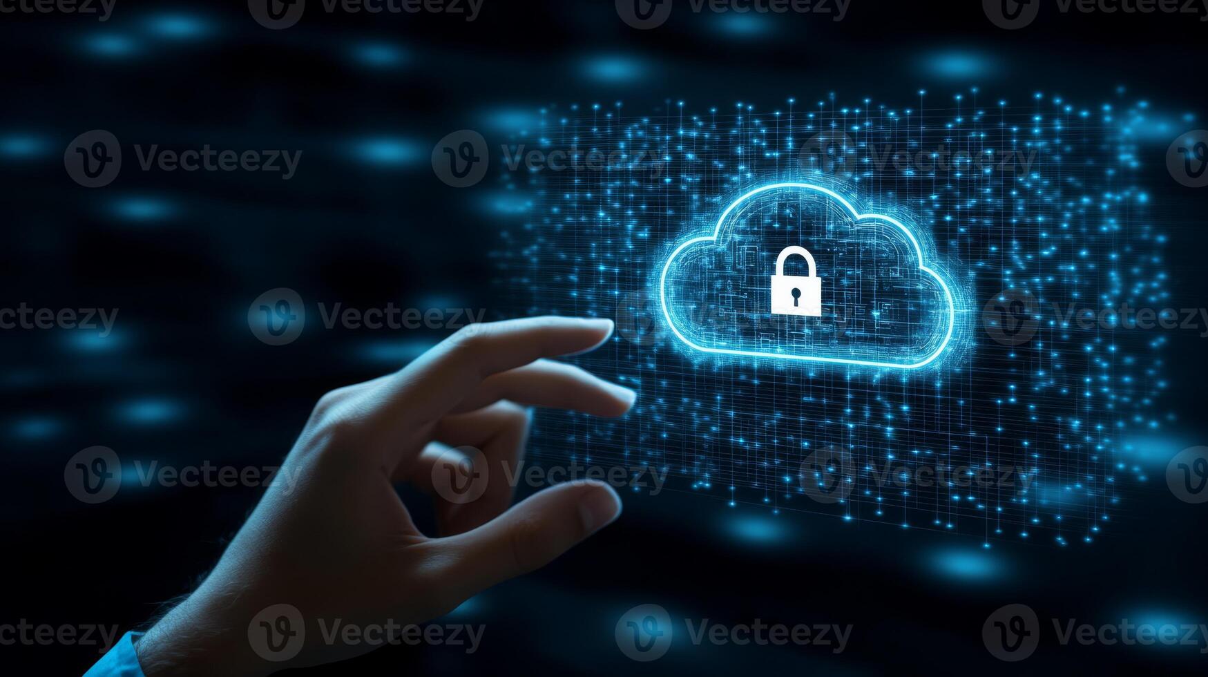 A hand interacts with a vibrant digital screen showing cloud storage and security icons on a dark blue background, illustrating advancements in technology and the vast online networks today photo
