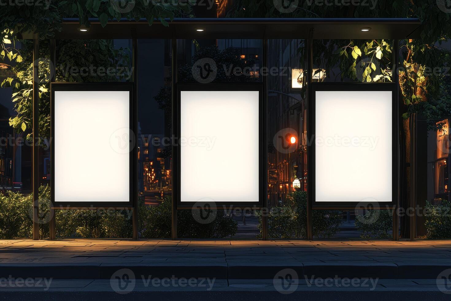 Three empty advertising panels at a busy bus stop, surrounded by trees and city lights, await the latest marketing messages to attract curious passersby eager to engage with new content photo