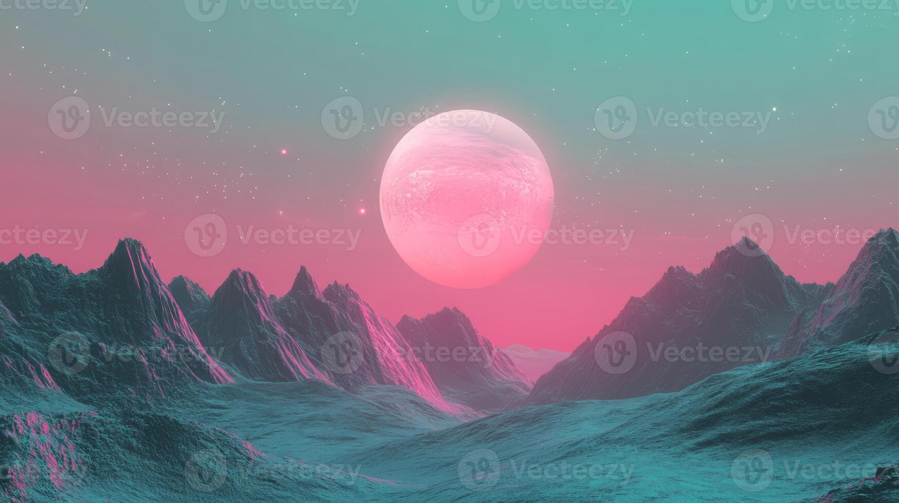 Immerse in a stunning landscape with a glowing moon over towering mountains, set against a vibrant pastel sky that creates an enchanting and serene beauty that captivates the senses photo